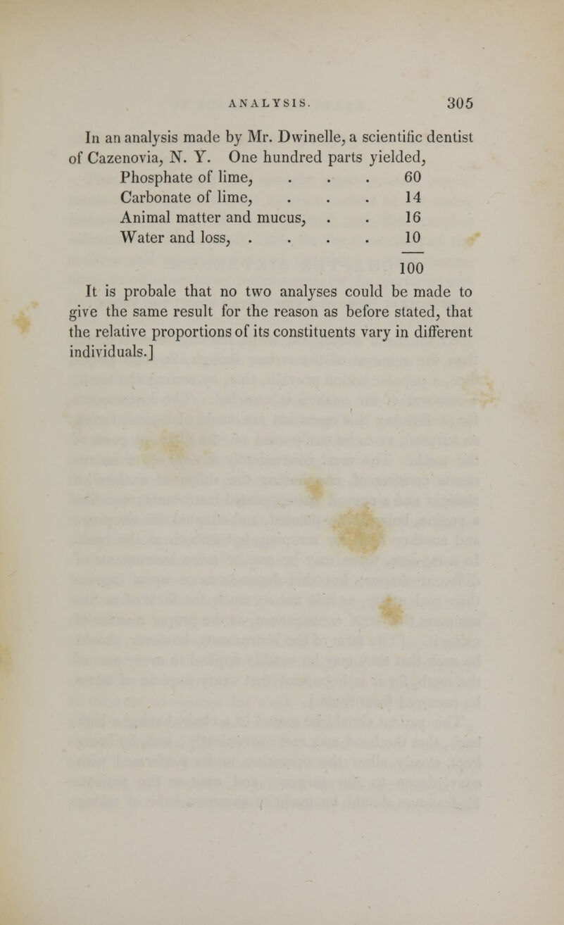 In an analysis made by Mr. Dwinelle, a scientific dentist of Cazenovia, N. Y. One hundred parts yielded, Phosphate of lime, ... 60 Carbonate of lime, . . . 14 Animal matter and mucus, . . 16 Water and loss, . . . . 10 100 It is probale that no two analyses could be made to give the same result for the reason as before stated, that the relative proportions of its constituents vary in different individuals.]