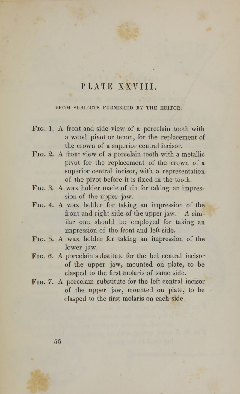 FROM SUBJECTS FURNISHED BY THE EDITOR. Fig. 1. A front and side view of a porcelain tooth with a wood pivot or tenon, for the replacement of the crown of a superior central incisor. Fig. 2. A front view of a porcelain tooth with a metallic pivot for the replacement of the crown of a superior central incisor, with a representation of the pivot before it is fixed in the tooth. Fig. 3. A wax holder made of tin for taking an impres- sion of the upper jaw. Fig. 4. A wax holder for taking an impression of the front and right side of the upper jaw. A sim- ilar one should be employed for taking an impression of the front and left side. Fig. 5. A wax holder for taking an impression of the lower jaw. Fig. 6. A porcelain substitute for the left central incisor of the upper jaw, mounted on plate, to be clasped to the first molaris of same side. Fig. 7. A porcelain substitute for the left central incisor of the upper jaw, mounted on plate, to be clasped to the first molaris on each side. 55