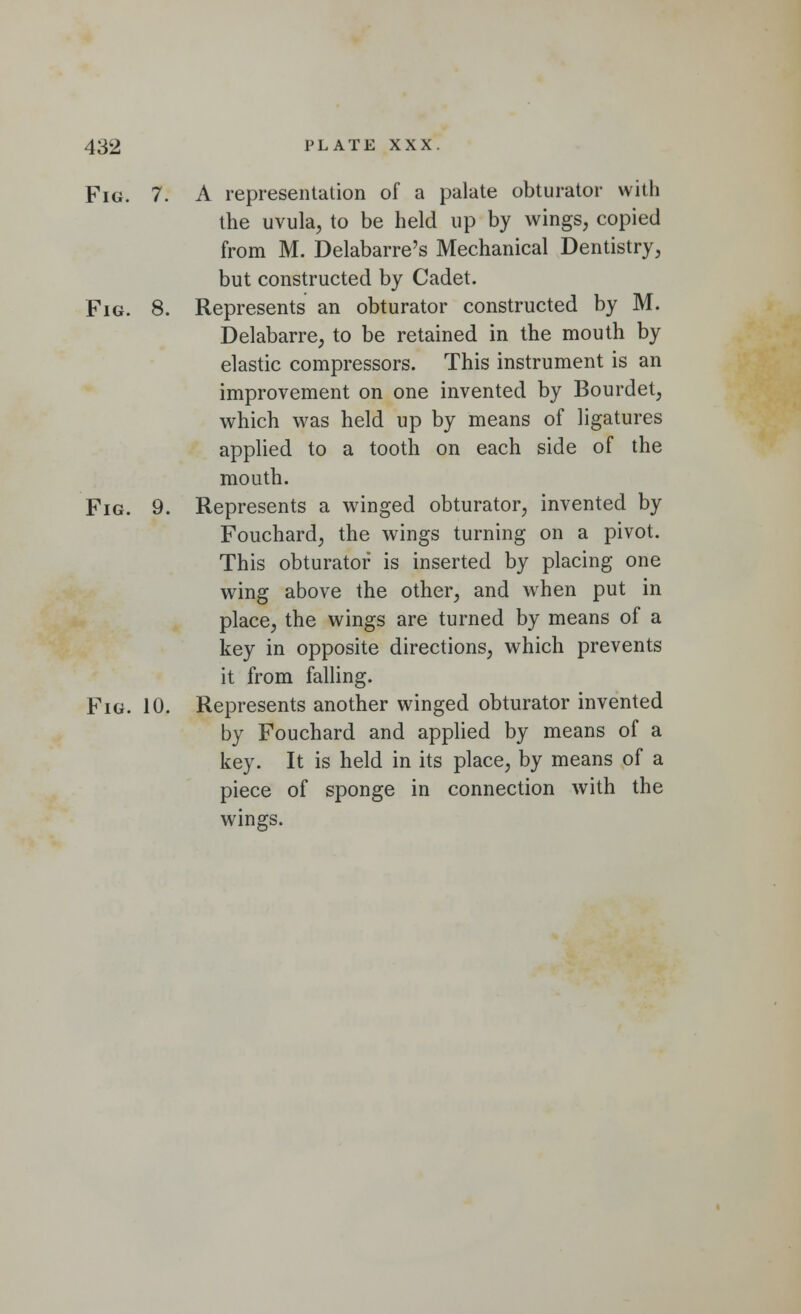 Fig. 7. A representation of a palate obturator with the uvula, to be held up by wings, copied from M. Delabarre's Mechanical Dentistry, but constructed by Cadet. Fig. 8. Represents an obturator constructed by M. Delabarre, to be retained in the mouth by elastic compressors. This instrument is an improvement on one invented by Bourdet, which was held up by means of ligatures applied to a tooth on each side of the mouth. Fig. 9. Represents a winged obturator, invented by Fouchard, the wings turning on a pivot. This obturator is inserted by placing one wing above the other, and when put in place, the wings are turned by means of a key in opposite directions, which prevents it from falling. Fig. 10. Represents another winged obturator invented by Fouchard and applied by means of a key. It is held in its place, by means of a piece of sponge in connection with the wings.