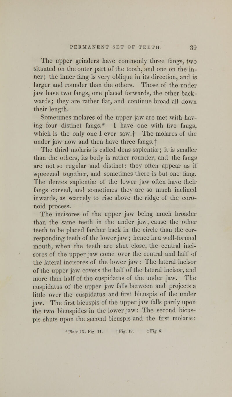 The upper grinders have commonly three fangs^ two situated on the outer part of the tooth, and one on the in- ner; the inner fang is very obhque in its direction, and is larger and rounder than the others. Those of the under jaw have two fangs, one placed forwards, the other back- wards; they are rather flat, and continue broad all down their length. Sometimes molares of the upper jaw are met with hav- ing four distinct fangs.* I have one with five fangs, which is the only one I ever saw.f The molares of the under jaw now and then have three fangs. J The third molaris is called dens sapientiae; it is smaller than the others, its body is rather rounder, and the fangs are not so regular and distinct: they often appear as if squeezed together, and sometimes there is but one fang. The dentes sapientiae of the lower jaw often have their fangs curved, and sometimes they are so much inclined inwards, as scarcely to rise above the ridge of the coro- noid process. The incisores of the upper jaw being much broader than the same teeth in the under jaw, cause the other teeth to be placed farther back in the circle than the cor- responding teeth of the lower jaw; hence in a well-formed mouth, when the teeth are shut close, the central inci- sores of the upper jaw come over the central and half of the lateral incisores of the lower jaw: The lateral incisor of the upper jaw covers the half of the lateral incisor, and more than half of the cuspidatus of the under jaw. The cuspidatus of the upper jaw falls between and projects a little over the cuspidatus and first bicuspis of the under jaw. The first bicuspis of the upper jaw falls partly upon the two bicuspides in the lower jaw: The second bicus- pis shuts upon the second bicuspis and the first molaris: ♦Plate IX. Fig n. fFig. 1.?. tEig.O.