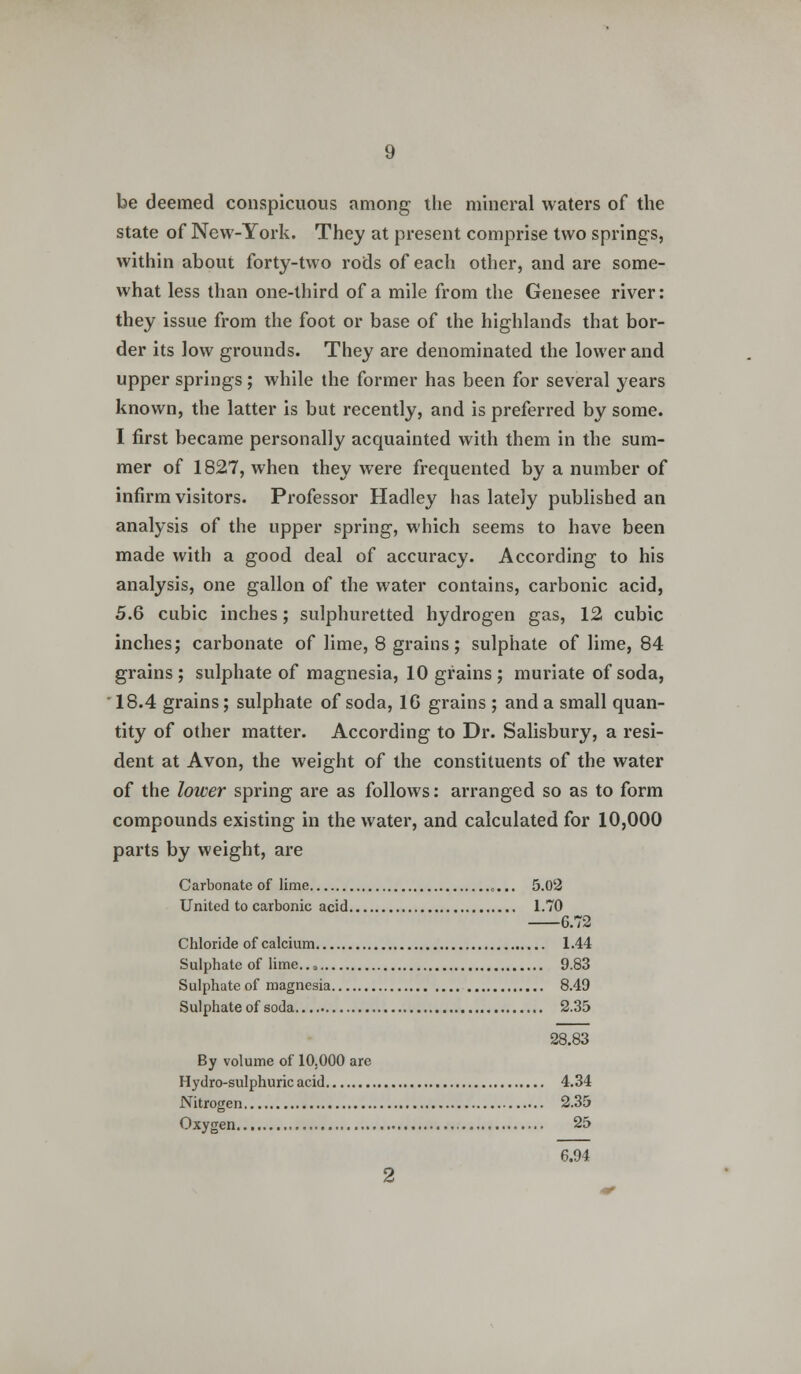 be deemed conspicuous among the mineral waters of the state of New-York. They at present comprise two springs, within about forty-two rods of each other, and are some- what less than one-third of a mile from the Genesee river: they issue from the foot or base of the highlands that bor- der its low grounds. They are denominated the lower and upper springs; while the former has been for several years known, the latter is but recently, and is preferred by some. I first became personally acquainted with them in the sum- mer of 1827, when they were frequented by a number of infirm visitors. Professor Hadley has lately published an analysis of the upper spring, which seems to have been made with a good deal of accuracy. According to his analysis, one gallon of the water contains, carbonic acid, 5.6 cubic inches; sulphuretted hydrogen gas, 12 cubic inches; carbonate of lime, 8 grains; sulphate of lime, 84 grains; sulphate of magnesia, 10 grains; muriate of soda, 18.4 grains; sulphate of soda, 1G grains ; and a small quan- tity of other matter. According to Dr. Salisbury, a resi- dent at Avon, the weight of the constituents of the water of the lower spring are as follows: arranged so as to form compounds existing in the water, and calculated for 10,000 parts by weight, are Carbonate of lime 5.02 United to carbonic acid 1.70 6.72 Chloride of calcium 1.44 Sulphate of lime.., 9.83 Sulphateof magnesia 8.49 Sulphate of soda 2.35 28.83 By volume of 10.000 are Hydro-sulphuric acid 4.34 Nitrogen 2.35 Oxygen 25 6.94 2