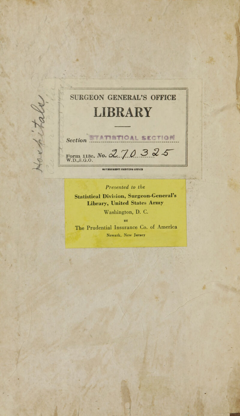 SURGEON GENERAL'S OFFICE LIBRARY Section AL SCCTIOrf Form ll3c. No. OC.../..U.^..9^ O W.D..S.Q.0 •OTBBMMD4T IK^TINS OFFICI Presented to the Statistical Division, Surgeon-General's Library, United States Army Washington, D. C. The Prudential Insurance Co. of America Newark, New Jersey