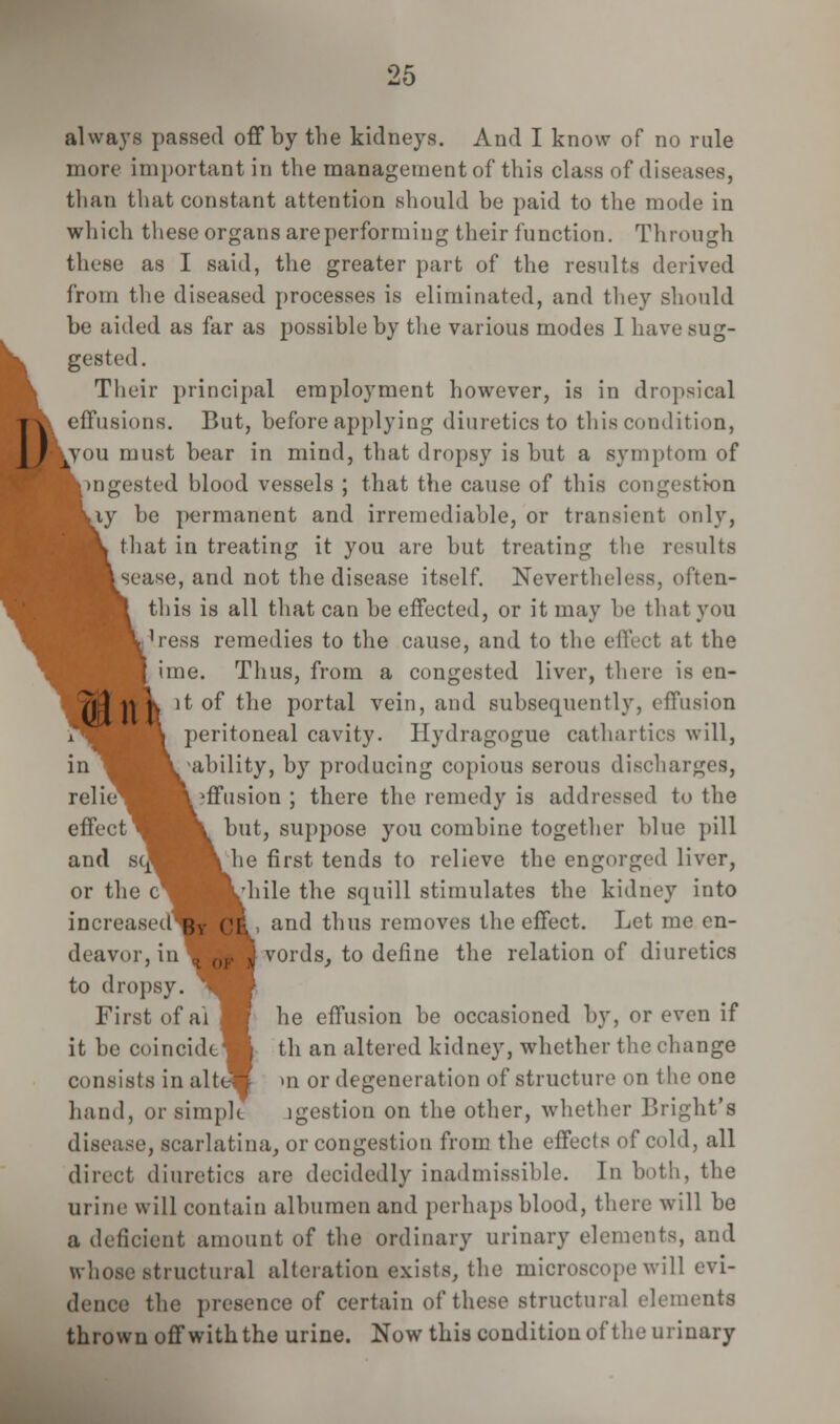 I) always passed off by the kidneys. And I know of no rale than that constant attention should he paid to the mode in which these organs are performing their function. Through from the diseased processes is eliminated, and they should be aided as far as possible by the various modes I have sug- gested. Their principal employment however, is in dropsical effusions. But, before applying diuretics to this condition, ^you must bear in mind, that dropsy is but a symptom of ingested blood vessels ; that the cause of this congestion ty be permanent and irremediable, or transient only, that in treating it you are but treating the results sease, and not the disease itself. Nevertheless, often- this is all that can be effected, or it may be that you Ness remedies to the cause, and to the effect at the ime. Thus, from a congested liver, there is en- n j, it of the portal vein, and subsequently, effusion r^M B peritoneal cavity. Hydragogue cathartics will, *n 1 rak >am^^y> D7 producing copious serous discharges, relic > 'ffusion ; there the remedy is addressed to the effect Wj ^k but, suppose you combine together blue pill and sqfl —^he first tends to relieve the engorged liver, or the c^ ^L'hile the squill stimulates the kidney into increased |jy CR am' thus removes the effect. Let me en- deavor, in , 0F jj vords, to define the relation of diuretics to dropsy. ^Kf First of ai I he effusion be occasioned by, or even if it be coincide* th an altered kidney, whether the change consists inalttM ui or degeneration of structure on the one hand, or simple lgestiou on the other, whether Blight's disease, scarlatina, or congestion from the effects of cold, all direct diuretics are decidedly inadmissible. In both, the urine will contain albumen and perhaps blood, there will be a deficient amount of the ordinary urinary elements, and whose structural alteration exists, the microscope will evi- dence the presence of certain of these structural elements thrown off with the urine. Now this condition of the urinary