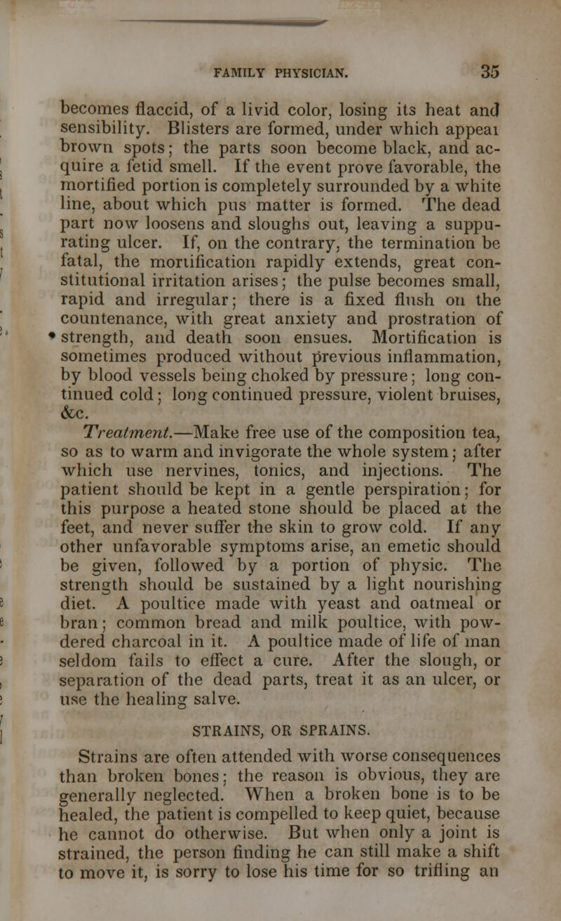 becomes flaccid, of a livid color, losing its heat and sensibility. Blisters are formed, under which appeal brown spots; the parts soon become black, and ac- quire a fetid smell. If the event prove favorable, the mortified portion is completely surrounded by a white line, about which pus matter is formed. The dead part now loosens and sloughs out, leaving a suppu- rating ulcer. If, on the contrary, the termination be fatal, the moriification rapidly extends, great con- stitutional irritation arises; the pulse becomes small, rapid and irregular; there is a fixed flush on the countenance, with great anxiety and prostration of 1 strength, and death soon ensues. Mortification is sometimes produced without previous inflammation, by blood vessels being choked by pressure; long con- tinued cold; long continued pressure, violent bruises, &c. Treatment.—Make free use of the composition tea, so as to warm and invigorate the whole system; after which use nervines, tonics, and injections. The patient should be kept in a gentle perspiration; for this purpose a heated stone should be placed at the feet, and never suffer the skin to grow cold. If any other unfavorable symptoms arise, an emetic should be given, followed by a portion of physic. The strength should be sustained by a light nourishing diet. A poultice made with yeast and oatmeal or bran; common bread and milk poultice, with pow- dered charcoal in it. A poultice made of life of man seldom fails to effect a cure. After the slough, or separation of the dead parts, treat it as an ulcer, or use the healing salve. STRAINS, OR SPRAINS. Strains are often attended with worse consequences than broken bones: the reason is obvious, they are generally neglected. When a broken bone is to be healed, the patient is compelled to keep quiet, because he cannot do otherwise. But when only a joint is strained, the person finding he can still make a shift to move it, is sorry to lose his time for so trifling an