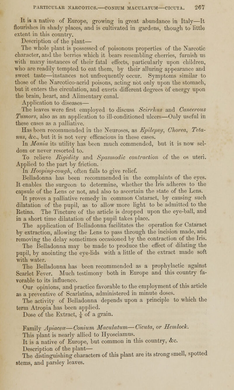 It is a native of Europe, growing in great abundance in Italy—It flourishes in shady places, and is cultivated in gardens, though to little extent in this country. Description of the plant— The whole plant is possessed of poisonous properties of the Narcotic character, and the berries which it bears resembling cherries, furnish us with many instances of their fatal effects, particularly upon children, who are readily tempted to eat them, by their alluring appearance and sweet taste—instances not unfrequently occur. Symptoms similar to those of the Narcoti co-acrid poisons, acting not only upon the stomach, but it enters the circulation, and exerts different degrees of energy upon the brain, heart, and Alimentary canal. Application to diseases— The leaves were first employed to discuss Scirrhus and Cancerous Tumors, also as an application to ill-conditioned ulcers—Only useful in these cases as a palliative. Has been recommended in the Neuroses, as Epilepsy, Chorea, Teta- nus, <fcc., but it is not very efficacious in these cases. In Mania its utility has been much commended, but it is now sel- dom or never resorted to. To relieve Rigidity and Spasmodic contraction of the os uteri. Applied to the part by friction. In Hooping-cough, often fails to give relief. Belladonna has been recommended in the complaints of the eyes. It enables the surgeon to determine, whether the Iris adheres to the capsule of the Lens or not, and also to ascertain the state of the Lens. It proves a palliative remedy in common Cataract, by causing such dilatation of the pupil, as to allow more light to be admitted to the Ketina. The Tincture of the article is dropped upon the eye-ball, and in a short time dilatation of the pupil takes place. The application of Belladonna facilitates the operation for Cataract by extraction, allowing the Lens to pass through the incision made, and removing the delay sometimes occasioned by the contraction of the Iris. The Belladonna may be made to produce the effect of dilating the pupil, by anointing the eye-lids with a little of the extract made soft with water. The Belladonna has been recommended as a prophylactic against Scarlet Fever. Much testimony both in Europe and this country fa- vorable to its influence. Our opinions, and practice favorable to the employment of this article as a preventive of Scarlatina, administered in minute doses. The activity of Belladonna depends upon a principle to which the term Atropia has been applied. Dose of the Extract, \ of a grain. Family Apiacece—Conium Maculatum—Cicuta, or Hemlock. This plant is nearly allied to Hyosciamus. It is a native of Europe, but common in this country, (fee. Description of the plant— The distinguishing characters of this plant are its strong smell, spotted stems, and parsley leaves.