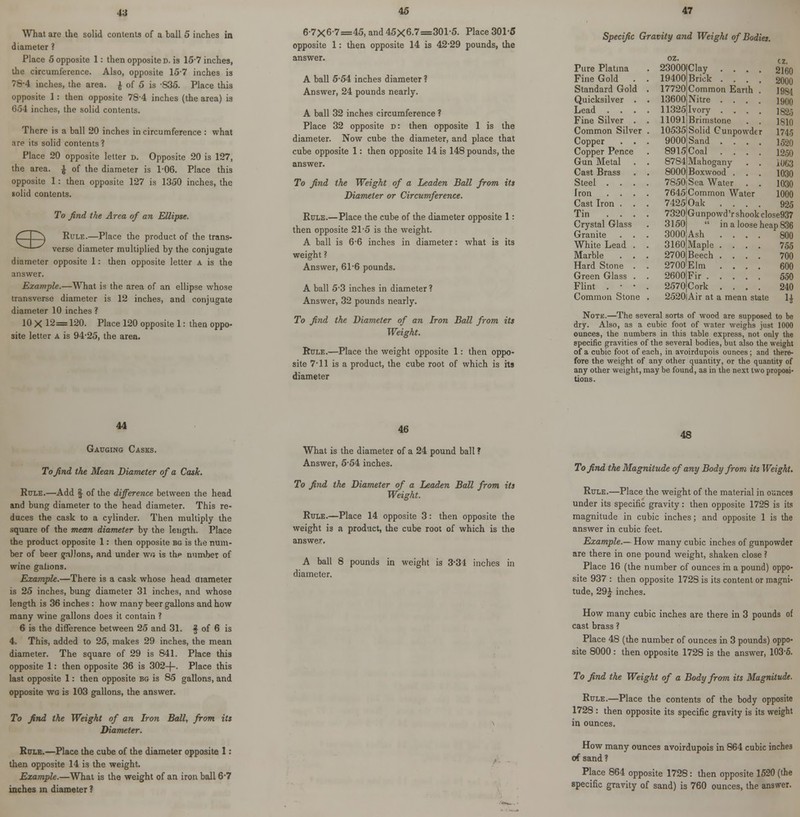 43 45 47 What are the solid contents of a ball 5 inches in diameter ? Place 5 opposite 1: then opposite d. is 15-7 inches, the circumference. Also, opposite 15-7 inches is 78-4 inches, the area. £ of 5 is 835. Place this opposite 1 : then opposite 784 inches (the area) is 654 inches, the solid contents. There is a ball 20 inches in circumference : what are its solid contents? Place 20 opposite letter d. Opposite 20 is 127, the area. £ of the diameter is 1-06. Place this opposite 1: then opposite 127 is 1350 inches, the solid contents. To find the Area of an Ellipse. r I ^ Rule.—Place the product of the trans- ^— verse diameter multiplied by the conjugate diameter opposite 1: then opposite letter a is the answer. Example.—What is the area of an ellipse whose transverse diameter is 12 inches, and conjugate diameter 10 inches ? 10X12= 120. Place 120 opposite 1: then oppo- site letter a is 94-25, the area. 6-7x6-7=45, and 45x6.7=301-5. Place 301-5 opposite 1: then opposite 14 is 42-29 pounds, the answer. A ball 5-54 inches diameter ? Answer, 24 pounds nearly. A ball 32 inches circumference ? Place 32 opposite d: then opposite 1 is the diameter. Now cube the diameter, and place that cube opposite 1: then opposite 14 is 148 pounds, the answer. To find the Weight of a Leaden Ball from its Diameter or Circumference. Rule.—Place the cube of the diameter opposite 1: then opposite 21-5 is the weight. A ball is 6-6 inches in diameter: what is its weight ? Answer, 61-6 pounds. A ball 5-3 inches in diameter? Answer, 32 pounds nearly. To find the Diameter of an Iron Ball from its Weight. Rule.—Place the weight opposite 1: then oppo- site 7-11 is a product, the cube root of which is its diameter Specific Gravity and Weight of Bodies. Pure Platina oz. 23000] Clay . . . cz. 2160 Fine Gold 19400] Brick . . . 2000 Standard Gold 17720 Common Earth 1984 Quicksilver . 13600 Nitre . . . 1900 Lead . . . 11325 Ivory . . . 1825 Fine Silver . 1109l!Brimstone . 1810 Common Silver 10535 Solid Cunpowd€ r 1745 Copper . . 9000 Sand . . . 1520 Copper Pence 8915 Coal . . . 1250 Gun Metal . 8784 Mahogany 1063 Cast Brass 8000 Boxwood . 1030 Steel . . . 7850JSea Water . 1030 Tron . . . 7645iCommon Water 1000 Cast Iron . . 7425JOak . . . 925 Tin ... 7320 Gunpowd 'r shook close937 Crystal Glass 3150  in a loose heap 836 Granite 3000 Ash ... 800 White Lead . 3160 Maple . . . 755 Marble . . 2700 Beech . . . 700 Hard Stone . 2700 Elm . . . 600 Green Glass . 2600[Fir .... 550 Flint . • • 2570 Cork . . . 240 Common Stone 2520 Air at a mean state H Note.—The several sorts of wood are supposed to be dry. Also, as a cubic foot of water weighs just 1000 ounces, the numbers in this table express, not only the specific gravities of the several bodies, but also the weight of a cubic foot of each, in avoirdupois ounces; and there- fore the weight of any other quantity, or the quantity of any other weight, may be found, as in the next two propoai- tions. 44 Gauging Casks. To find the Mean Diameter of a Cask. Rule.—Add §• of the difference between the head and bung diameter to the head diameter. This re- duces the cask to a cylinder. Then multiply the square of the mean diameter by the length. Place the product opposite 1: then opposite bg is the num- ber of beer gallons, and under wa is thp number of wine gallons. Example.—There is a cask whose head ammeter is 25 inches, bung diameter 31 inches, and whose length is 36 inches : how many beer gallons and how many wine gallons does it contain ? 6 is the difference between 25 and 31. $ of 6 is 4. This, added to 25, makes 29 inches, the mean diameter. The square of 29 is 841. Place this opposite 1: then opposite 36 is 302-)-. Place this last opposite 1: then opposite bg is 85 gallons, and opposite wg is 103 gallons, the answer. To find the Weight of an Iron Ball, from its Diameter. Rule.—Place the cube of the diameter opposite 1 : then opposite 14 is the weight. Example.—What is the weight of an iron ball 6-7 inches in diameter ? 46 What is the diameter of a 24 pound ball ? Answer, 5-54 inches. To find the Diameter of a Leaden Ball from its Weight. Rule.—Place 14 opposite 3: then opposite the weight is a product, the cube root of which is the answer. A ball 8 pounds in weight is 3-34 inches in diameter. 48 To find the Magnitude of any Body from its Weight. Rule.—Place the weight of the material in ounces under its specific gravity: then opposite 1728 is its magnitude in cubic inches; and opposite 1 is the answer in cubic feet. Example.— How many cubic inches of gunpowder are there in one pound weight, shaken close ? Place 16 (the number of ounces in a pound) oppo- site 937 : then opposite 1728 is its content or magni- tude, 29£ inches. How many cubic inches are there in 3 pounds of cast brass ? Place 48 (the number of ounces in 3 pounds) oppo- site 8000 : then opposite 1728 is the answer, 103-5. To find the Weight of a Body from its Magnitude. Rule.—Place the contents of the body opposite 1728 : then opposite its specific gravity is its weight in ounces. How many ounces avoirdupois in 864 cubic inches of sand ? Place 864 opposite 1728: then opposite 1520 (the specific gravity of sand) is 760 ounces, the answer.