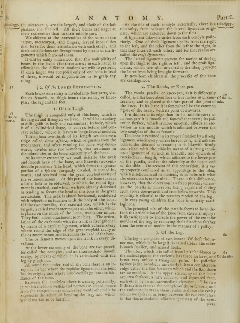 -ology. the metacarpus, are the largeft, and thofe of the laft ^——' phalanx the fmalleit. All thefe bones are larger at their extremities than in their middle part. We obferve at the extremities of the bones of the carpus, metacarpus, and fingers, feveral inequalities that ferve for their articulation with each other; and thefe articulations are llrengthened by means of the li- gaments which furround them. It will be eafily underftood that this multiplicity of bones in the hand (for there are 27 in each hand) is eflential to the different motions we wifh to pertorm. If each finger was compofed only of one bone inftead of three, it would be impoflible for us to'grafp any thing. J7 § 2. Of the Lower Extremities. Each lower extremity is divided into four parts, viz. the os f emoris, or thigh bone: the rotula, or knee- pan j the leg and the foot. 1. Of the Thigh. 1% The thigh is compofed only of this bone, which is 04°8 the largeSt and Strongest we have. It will be neced'ary to diftinguifh its body and extremities: Its body, which is of a cylindrical ihape, is convex before and con- cave behind, where it ferves to lodge feveral mufcles. Throughout two-thirds of its length we obferve a ridge called linea afpera, which originates from the trochanters, and after running for fome way down- wards, divides into two branches, that terminate in the tuberolities at the lower extremity of the bone. At its upper extremity we muft defcribe the neck and fmooth head of the bone, and likewife two conii- derable procefles: The head, which forms the greater portion of a fphere unequally divided, is turned in- wards, and received into the great cotyloid cavity of the os innominatum. At this part of the bone there is a little foira to be obferved, to which the round liga- ment is attached, and which we have already defcribed as tending to fecure the head of this bone in the great acetabulum. The neck is almoft horizontal, considered with refpecl to its fituation with the body of the bone. Of the two procefles, the external one, which is the largeit, is called trochanter major; and the other, which is placed on the infide of the bone, trochanter minor. They both afford attachment to mufcles. The articu- lation of the os femoris with the trunk is ftrengthened by means of a capfular ligament, which adheres every where round the edge of the great cotyloid cavity of the os innominatum, and furrounds the head of the bone. The os femoris moves upon the trunk in every di- rection. At the lower extremity of the bone are two procef- fes called the condyles, and an intermediate fmooth cavity, by means of which it is articulated with the leg by ginglimus. All round the under end of the bone there is an ir- regular furface where the capfular ligament of the joint has its origin, and where blood-vellels go into the Jub- ilance of the bone. Between the condyles there is a cavity posteriorly, in which the blood-veffels and nerves are placed, fecure from the compreffion to which they would other wife be expofed in the action of bending the leg, and which would not fail to be hurtful. At the fide of each condyle externally, there is a Ofteolfgy. tuberosity, from whence the lateral ligaments origi- ' v/~~ nate, which are extended down to the tibia. A ligament likewife arifes from each condyle poste- riorly. One of thefe ligaments paflcs from the right to the left, and the other from the left to the right, fo that they interfect each other, and for that reafon are called the cro/s ligaments. The lateral ligaments prevent the motion of the leg upon the thigh to the right or left; and the crofs liga- ments, which are alfo attached to the tibia, prevent the latter from being brought forwards. In new-born children all the proceSTes of this bone are cartilaginous. 2. The Rotula, or Knee-pan. The rotula, patella, or knee-pan, as it is differently ,« called, is a flat bone about four or five inches in circum- of the re- ference, and is placed at the fore-part of the joint of tula, the knee. In its Shape it is fomewhat like the common figure of the heart, with its point downwards. It is thinner at its edge than in its middle part; at its fore-part it is fmooth and fomewhat convex; its pof- terior furface, which is more unequal, affords an ele- vation in the middle which is admitted between the two condyles of the os femoris. This bone is retained in its proper fituation by a Strong- ligament which every where furrounds it, and adheres both to the tibia and os femoris; it is likewife firmly connected with the. tibia by means of a Strong tendi- nous ligament of an inch in breadth, and upwards of two inches in length, which adheres to the lower part of the patella, and to the tuberofity at the upper end of the tibia. On account of this connection, it is ve- ry properly considered as an appendage to the tibia, which it follows in all its motions, fo zs to be to it what the olecranon is to the ulna. There is this difference, however, that the olecranon is a fixed procefs ; where- as the patella is moveable, being capable of Aiding from above downwards and from below upwards. This mobility is eflential to the rotatory motion of the leg. In very young children this bone is entirely carti- laginous. The principal ufe of the patella feems to be to de- fend the articulation of the knee from external injury; it likewife tends to increafe the power of the extenfor mufcles of the leg, by removing their direction farther from the centre of motion in the manner of a pulley. 3. Of the Leg. The leg is compofed of two bones : Of thefe the in- ner one, which is the largeSt, is called tibia ; the other is much fmalkr, and named fibula. The tibia, which isfo called from its refemblance to the mufical pipe of the ancients, has three furfaces, and Of the tibia is not very unlike a triangular prifm. Its posterior furface is the broadeft; anteriorly it has a considerable ridge called the Shin,between which and the Skin there are no mufcles. At the upper extremity of this bone are two furfaces, a little concave, and Separated from each other by an an intermediate elevation. The two little cavities receive the condyle; of the os femoris, and the eminence between them is admitted into the cavity which we fpoke of as being between the two condyles ; fo that this articulation affords a ffeeimen of the com- plete 6c 61