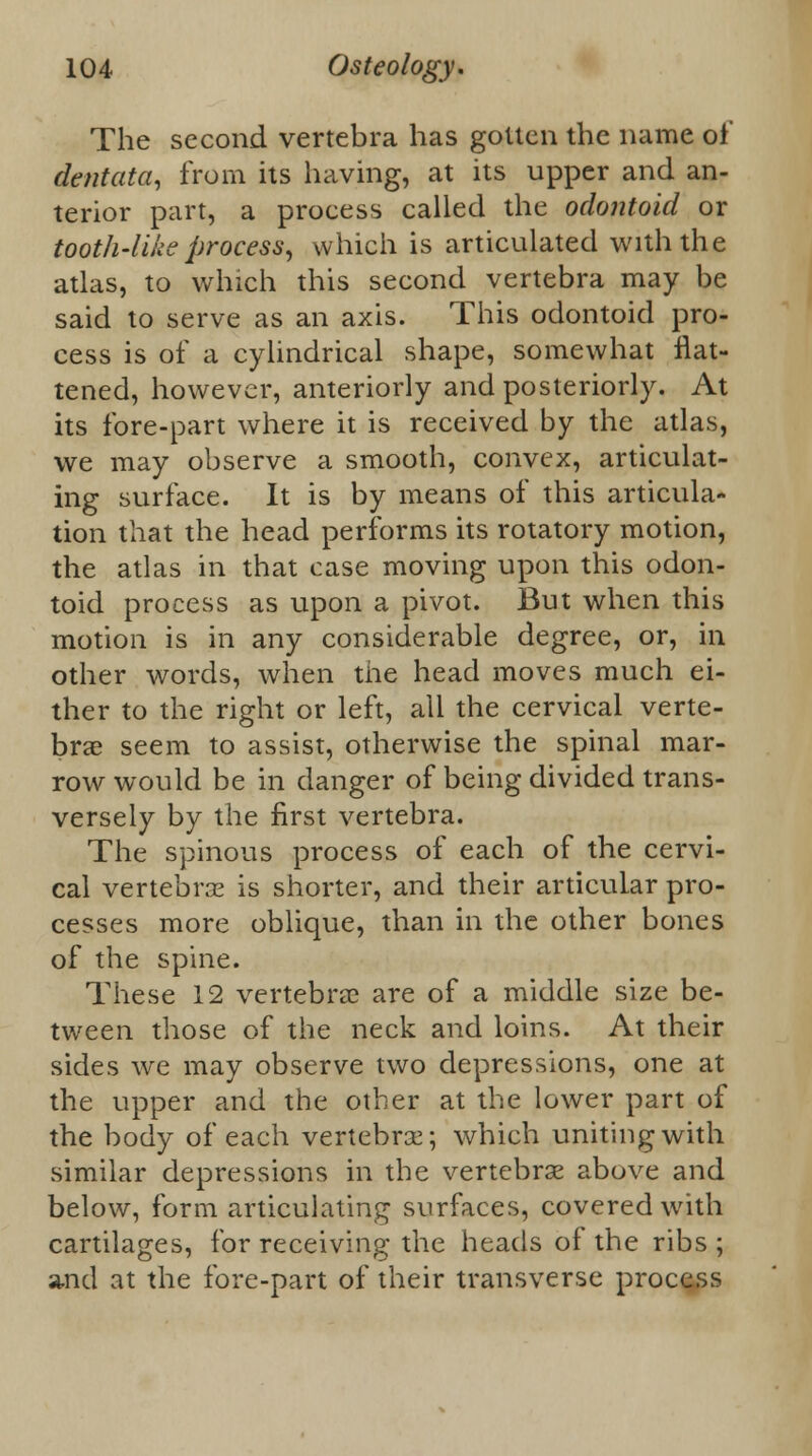 The second vertebra has gotten the name of dentata, from its having, at its upper and an- terior part, a process called the odontoid or tooth-like process, which is articulated with the atlas, to which this second vertebra may be said to serve as an axis. This odontoid pro- cess is of a cylindrical shape, somewhat flat- tened, however, anteriorly and posteriorly. At its fore-part where it is received by the atlas, we may observe a smooth, convex, articulat- ing surface. It is by means of this articula- tion that the head performs its rotatory motion, the atlas in that case moving upon this odon- toid process as upon a pivot. But when this motion is in any considerable degree, or, in other words, when the head moves much ei- ther to the right or left, all the cervical verte- brae seem to assist, otherwise the spinal mar- row would be in danger of being divided trans- versely by the first vertebra. The spinous process of each of the cervi- cal vertebrae is shorter, and their articular pro- cesses more oblique, than in the other bones of the spine. These 12 vertebrae are of a middle size be- tween those of the neck and loins. At their sides we may observe two depressions, one at the upper and the other at the lower part of the body of each vertebra:; which uniting with similar depressions in the vertebrae above and below, form articulating surfaces, covered with cartilages, for receiving the heads of the ribs ; and at the fore-part of their transverse process