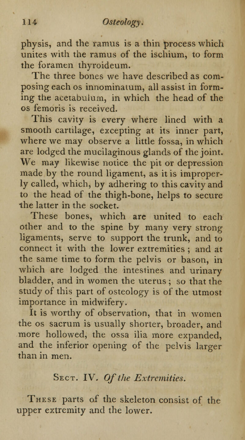 physis, and the ramus is a thin process which unites with the ramus of the ischium, to form the foramen thyroideum. The three bones we have described as com- posing each os innominatum, all assist in form- ing the acetabulum, in which the head of the os femoris is received. This cavity is every where lined with a smooth cartilage, excepting at its inner part, where we may observe a little fossa, in which are lodged the mucilaginous glands of the joint. We may likewise notice the pit or depression made by the round ligament, as it is improper- ly called, which, by adhering to this cavity and to the head of the thigh-bone, helps to secure the latter in the socket. These bones, which are united to each other and to the spine by many very strong ligaments, serve to support the trunk, and to connect it with the lower extremities ; and at the same time to form the pelvis or bason, in which are lodged the intestines and urinary bladder, and in women the uterus ; so that the study of this part of osteology is of the utmost importance in midwifery. It is worthy of observation, that in women the os sacrum is usually shorter, broader, and more hollowed, the ossa ilia more expanded, and the inferior opening of the pelvis larger than in men. Sect. IV. Of the Extremities. These parts of the skeleton consist of the upper extremity and the lower.