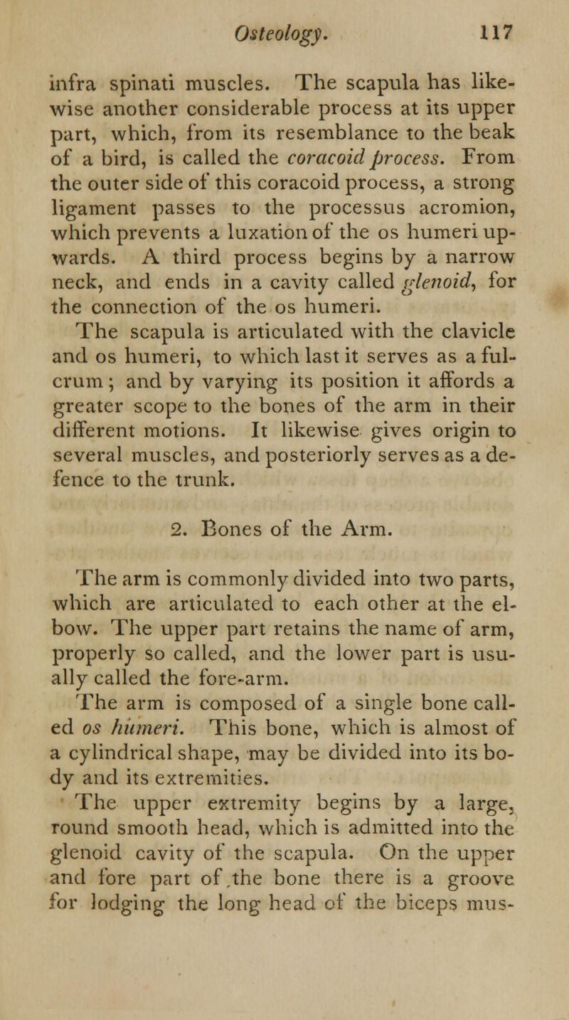 infra spinati muscles. The scapula has like- wise another considerable process at its upper part, which, from its resemblance to the beak of a bird, is called the coracoid process. From the outer side of this coracoid process, a strong ligament passes to the processus acromion, which prevents a luxation of the os humeri up- wards. A third process begins by a narrow neck, and ends in a cavity called glenoid, for the connection of the os humeri. The scapula is articulated with the clavicle and os humeri, to which last it serves as a ful- crum ; and by varying its position it affords a greater scope to the bones of the arm in their different motions. It likewise gives origin to several muscles, and posteriorly serves as a de- fence to the trunk. 2. Bones of the Arm. The arm is commonly divided into two parts, which are articulated to each other at the el- bow. The upper part retains the name of arm, properly so called, and the lower part is usu- ally called the fore-arm. The arm is composed of a single bone call- ed os humeri. This bone, which is almost of a cylindrical shape, may be divided into its bo- dy and its extremities. The upper extremity begins by a large, round smooth head, which is admitted into the glenoid cavity of the scapula. On the upper and fore part of,the bone there is a groove for lodging the long head of the biceps mus-