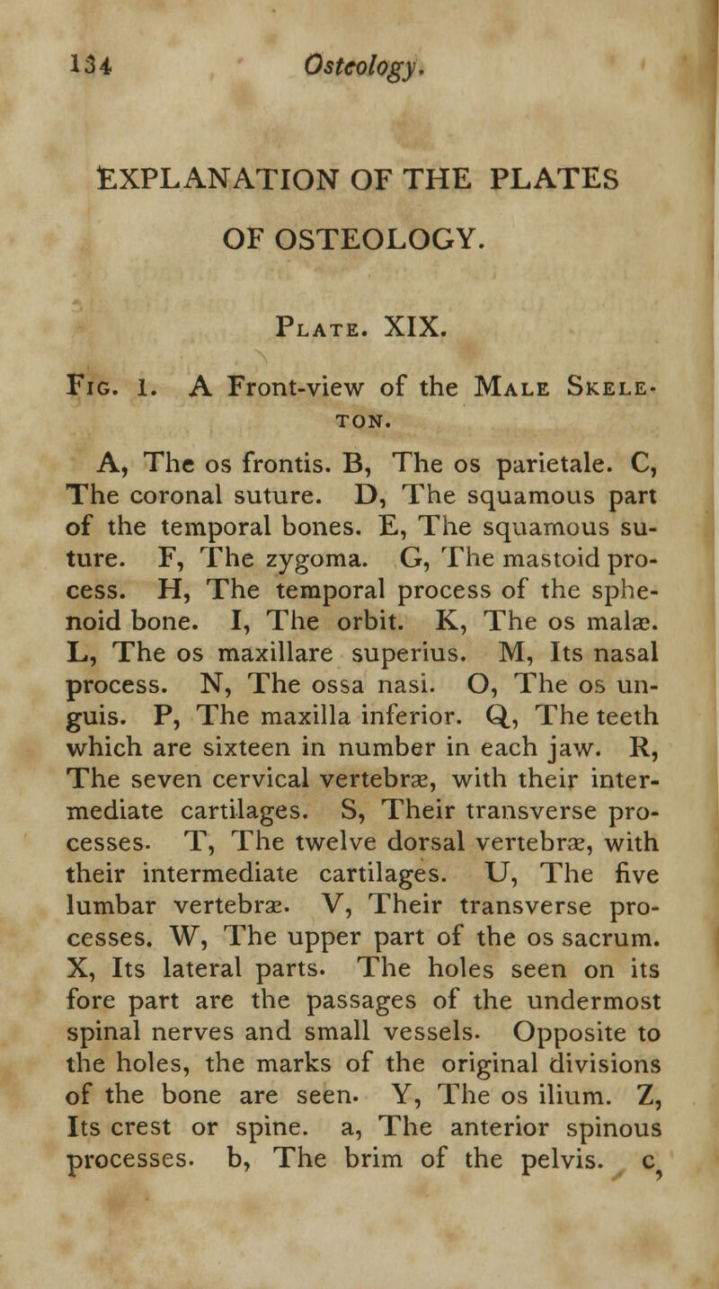 EXPLANATION OF THE PLATES OF OSTEOLOGY. Plate. XIX. Fig. 1. A Front-view of the Male Skele- ton. A, The os frontis. B, The os parietale. C, The coronal suture. D, The squamous part of the temporal bones. E, The squamous su- ture. F, The zygoma. G, The mastoid pro- cess. H, The temporal process of the sphe- noid bone. I, The orbit. K, The os malae. L, The os maxillare superius. M, Its nasal process. N, The ossa nasi. O, The os un- guis. P, The maxilla inferior. Q, The teeth which are sixteen in number in each jaw. R, The seven cervical vertebrae, with their inter- mediate cartilages. S, Their transverse pro- cesses. T, The twelve dorsal vertebrae, with their intermediate cartilages. U, The five lumbar vertebrae. V, Their transverse pro- cesses. W, The upper part of the os sacrum. X, Its lateral parts. The holes seen on its fore part are the passages of the undermost spinal nerves and small vessels. Opposite to the holes, the marks of the original divisions of the bone are seen. Y, The os ilium. Z, Its crest or spine, a, The anterior spinous processes, b, The brim of the pelvis, c