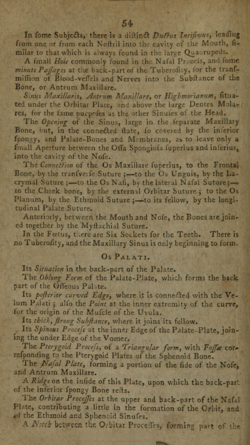 In fome Subjects, there is a diftinct Duflus Ineifivus, from one or from each Nortril inl y of tlie Mouth, fi- milar to that which is always found in A (mall Hole commonly found :nl '<>mr. minute Paj/iiga at t ie back-part of ilu Tuberofi y. for the tranf- miffion of Blood-vefcls and Nerves into the Subnance of the Bone, or Antrum Maxillare. Sinus Maxillaris, Antrum Maxil/are, or Higbmerianum, fitua- ted under the Orbital 1'laic, and above the larg-.- Dentes MoU- res, for the lame purncfu as the other Sinuies of the Head. The Opening of the Sinus, large in the feparate Maxillary Bone, i:ut, in the connected ftate, fp coveied by the inferior fpongy, and Palate-Bones and Membranes, as to leave only a fmall Aperture between the Offa Spongiula fuperius and inferiui, into the cavity of the Nofe. The CottnetJion of the Os Maxillare fuperius, to the FrontaJ Bone, by the tranfveife Suture ;—to the Os Unguis, by the La- crymal Suture ;—to the Os Nan, by the lateral Nafal Suture;— to the Cheek bone, by the extcrn3l Orbitar Suture; to the Os Planum, by the Ethmoid Suture ;—to its fellow, by the longi- tudinal Palate Suture. Anteriorly, between the Mouth and Nofe, the Bones arc join- ed together by the Myftachial Suture. In the Fa-tus, t .ere are Six Sockets for the Teeth. There is no Tuberofity, and the Maxillary Sinus is only beginning to form. Os Palati. Its Situation in the back-part of the Palate. The Oblong Form of the Palate-Plate, which forms the back part of the Offeous Pal te. Its poflcrior curved Edge, where it is connected with the Ve- lum Palati ; alfo the Point at the inner extremity of the curve, for the origin of the Mufcle of the Uvula. Its thick, Jirong Subjlance, where it joins its fellow. Its Spinous Procefi at the inner Edge of the Palate-Plate, join- ing the under Edge of the Vomer. The Pterygoid Procefs, of a Triangular form, with Fojfx cor- refponding to the Pterygoid Plates of the Sphenoid Bone. The Nafal Plate, forming a portion of the fide of the Nofe, and Antrum Maxillare. A Ridge on the iniide of this Plate, upon which the b2ck-par. of the inferior fpongy Bone relts. The Orbitar Procejfes at the upper and back-part of the Nafi! Plate, contributing a little in the formation of the Orbit, and x)f the Ethmoid and Sphenoid Sintifes. (b between the Orbitar Proce.Tcs, formic