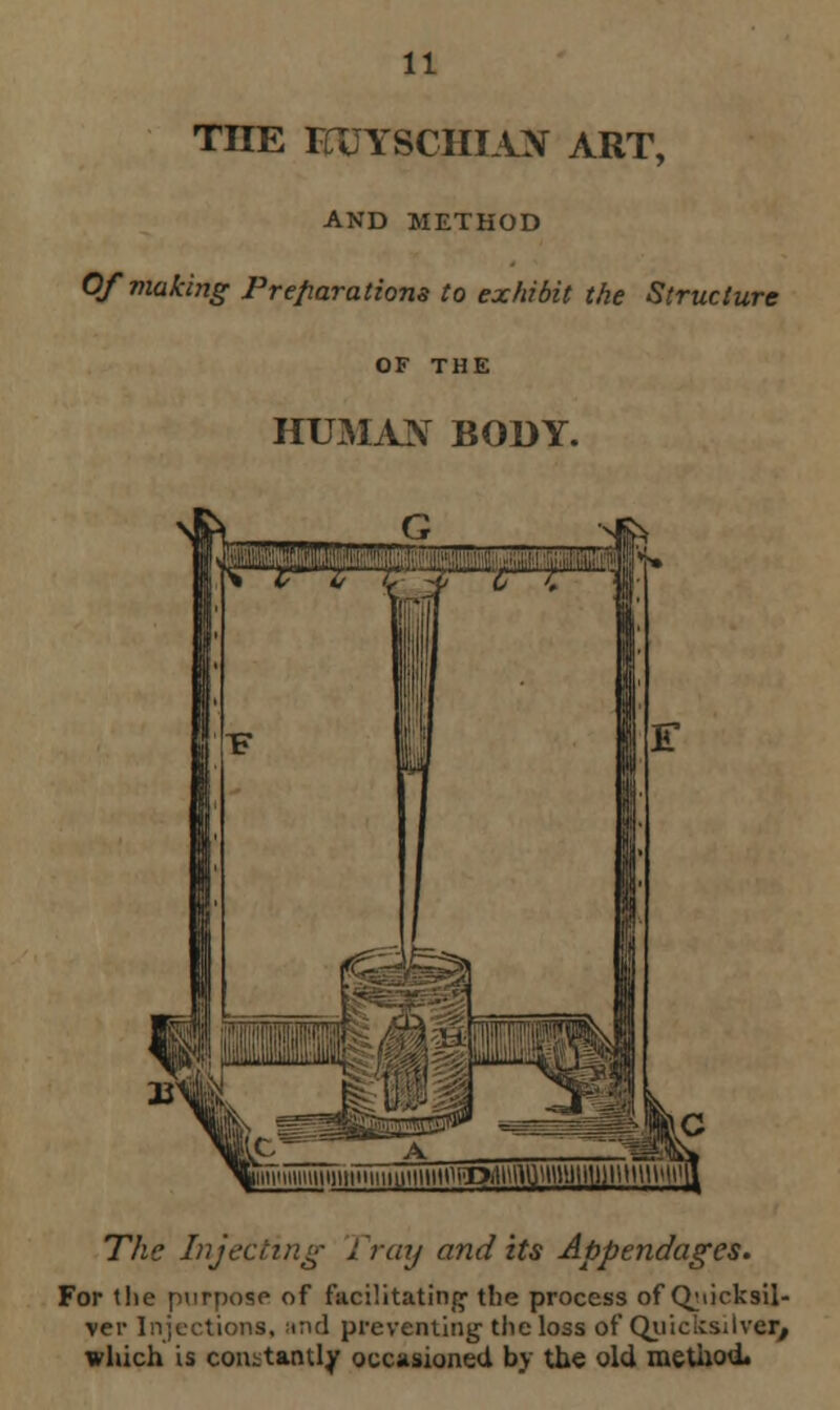 TIIE KUYSCIIIAN ART, AND METHOD Ofviaking Preparations to exhibit the Structure OF THE HUMAN BODY. The Injecting i ray and its Appendages. For the purpose of facilitating the process of Quicksil- ver Injections, :md preventing the loss of Quicksilver, which is constantly occasioned by the old method.