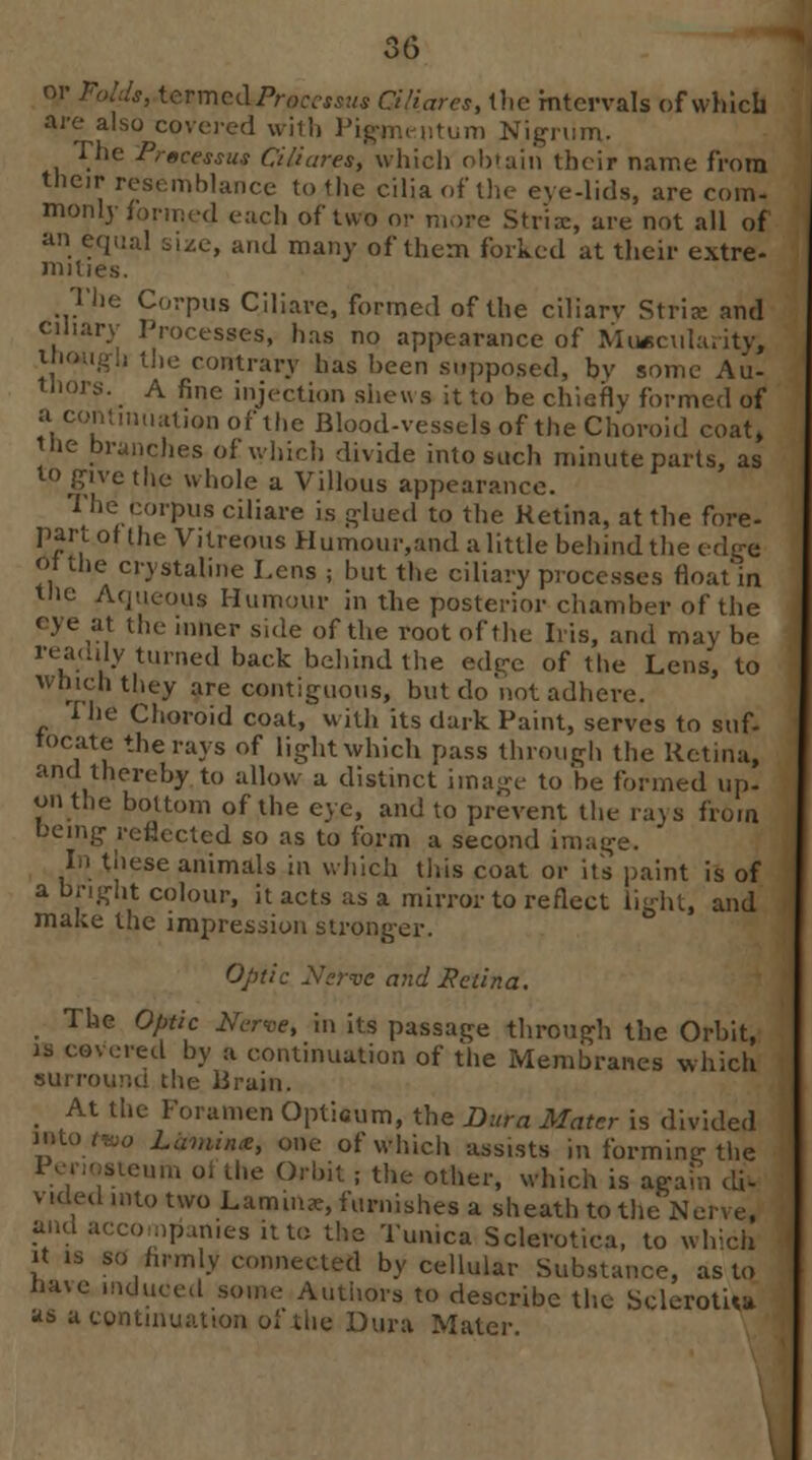 or Folds, termed Processus G/iares, the intervals of which are also covered with Pigmentum Nigrum. The Processus GUares, which obtain their name from their resemblance to the cilia of the eve-lids, are com- monly formed each of two or more Stria;, are not all of an equal size, and many of them forked at their extre- mities. The Corpus Ciliare, formed of the ciliary Stria: and ciliary Processes, has no appearance of Muscularity, li the contrary has been supposed, bv some Au- thor*. A fine injection shews it to be chiefly formed of a continuation of the Blood-vessels of the Choroid coat, the branches of which divide into such minute parts, as to g.ve the whole a Villous appearance. The'corpus ciliare is glued to the Retina, at the fore- part of the Vitreous Humour,and a little behind the edge <H the crystaline Lens ; but the ciliary processes float in the Aqueous Humour in the posterior chamber of the eye at the inner side of the root of the Iris, and may be really turned back behind the edge of the Lens, to which they are contiguous, but do not adhere. rl lie Choroid coat, with its dark Paint, serves to suf. locate the rays of light which pass through the Retina, and thereby to allow a distinct image to be formed up- on the bottom of the eye, and to prevent the rays from being reflected so as to form a second image. In these animals in which this coat or its paint is of a bright colour, it acts as a mirror to reflect light, and make the impression stronger. Optic Nefve and Retina. The Optic Nerve, in its passage through the Orbit, is covered by a continuation of the Membranes which surround the Brain. At the Foramen Optisum, the Dura Mater is divided o Lumuuv, one of which assists in forming the Periosteum o> the Orbit : the other, which is again di- vided into two Lamina;, furnishes a sheath to the X >.n.es it to the Tunica Sclerotica, to which it is so firmly connected by cellular Substance, as to have induced some Authors to describe the Sclerotic as a continuation of the Dura Mater.