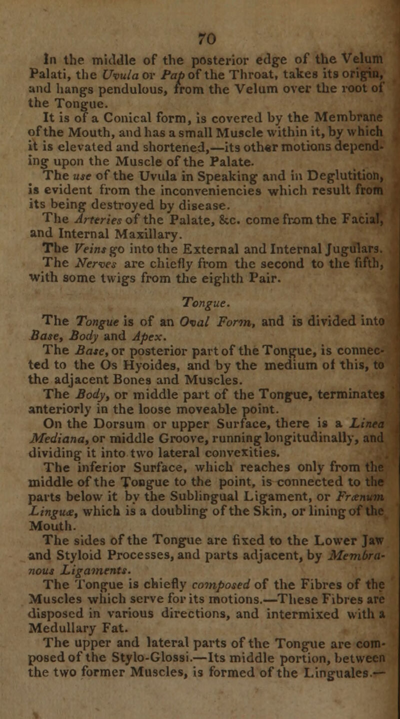 In the middle of the posterior edge of the Velum Palati, the Uvula or Pap of the Throat, takes its origin, and hangs pendulous, from the Velum over the root of the Tongue. It is of a Conical form, is covered by the Membrane of the Mouth, and has a small Muscle within it, by which it is elevated and shortened,—its oth«r motions depend- ing upon the Muscle of the Palate. The use of the Uvula in Speaking and in Deglutition, is evident from the inconveniencies which result from its being destroyed by disease. The Arteries of the Palate, &c. come from the Facial, and Internal Maxillary. The Veins go into the External and Internal Jugulars. The Nerves are chiefly from the second to the fifth, with some twigs from the eighth Pair. Tongue. The Tongue is of an Oval Form, and is divided into Base, Body and Apex. The Base, or posterior part of the Tongue, is connec- ted to the Os Hyoides, and by the medium of this, to the adjacent Bones and Muscles. The Body, or middle part of the Tongue, terminates anteriorly in the loose moveable point. On the Dorsum or upper Surface, there is a Linea Mediana, or middle Groove, running longitudinally, and dividing it into two lateral convexities. The inferior Surface, which reaches only from the middle of the Tongue to the point, is connected to the parts below it by the Sublingual Ligament, or Freenum Lingua, which is a doubling of the Skin, or lining of the Mouth. The sides of the Tongue are fixed to the Lower Jaw and Styloid Processes, and parts adjacent, by Membra- nous Ligaments. The Tongue is chiefly composed of the Fibres of the Muscles which serve for its motions.—These Fibres are disposed in various directions, and intermixed with a Medullary Fat. The upper and lateral parts of the Tongue are com- posed of the Stylo-Glossi.—Its middle portion, between the two former Muscles, is formed of the Linguales —