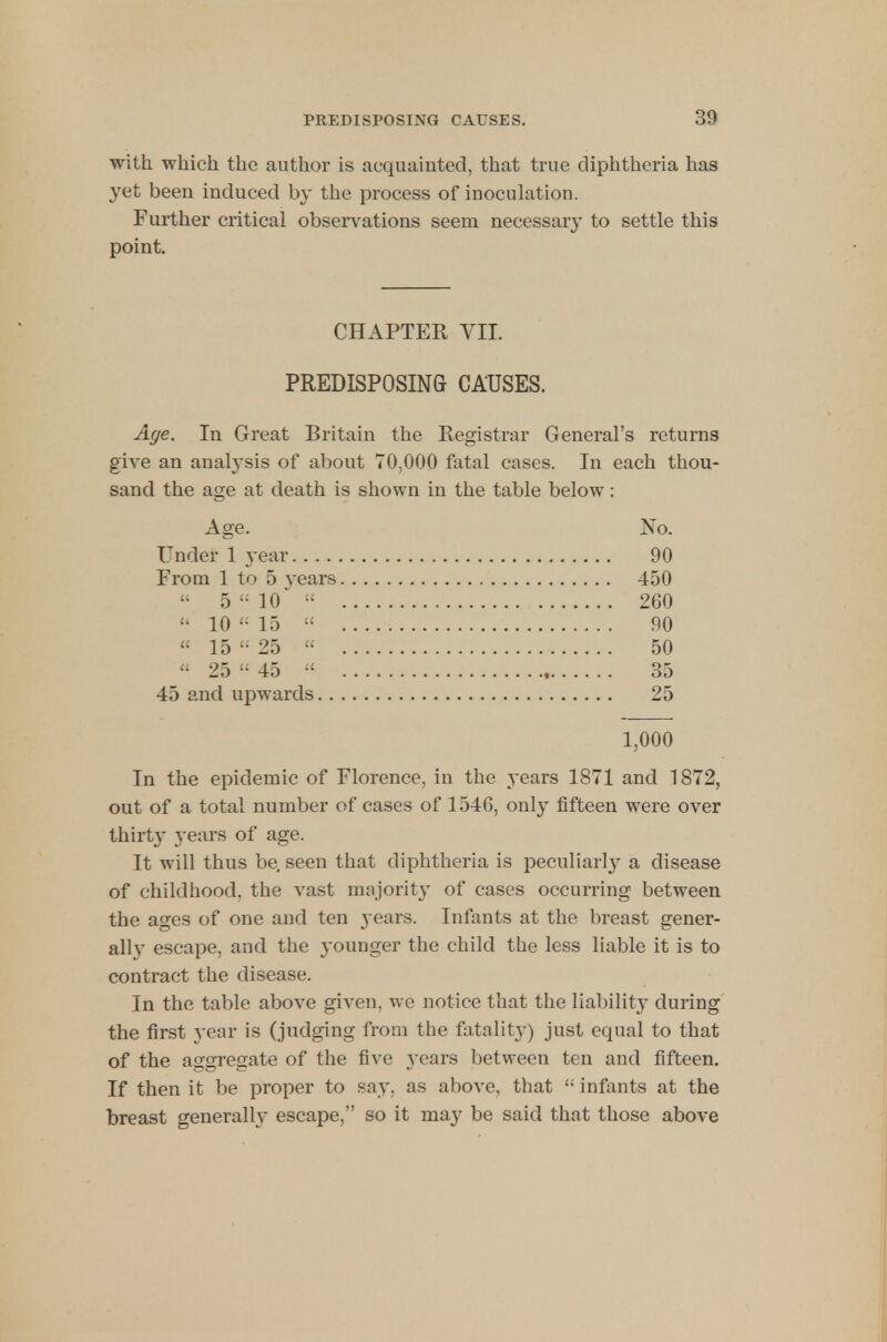 with which the author is acquainted, that true diphtheria has yet been induced by the process of inoculation. Further critical observations seem necessary to settle this point. CHAPTER VII. PREDISPOSING CAUSES. Age. In Great Britain the Registrar General's returns give an analysis of about 70,000 fatal cases. In each thou- sand the age at death is shown in the table below: Age. No. Under 1 year 90 From 1 to 5 years 450 « 5 10*  260  10  15  90 « 15  25  50 « 25  45  , 35 45 and upwards 25 1,000 In the epidemic of Florence, in the years 1871 and 1872, out of a total number of cases of 1546, only fifteen were over thirty years of age. It will thus be, seen that diphtheria is peculiarly a disease of childhood, the vast majority of cases occurring between the ages of one and ten years. Infants at the breast gener- ally escape, and the younger the child the less liable it is to contract the disease. In the table above given, we notice that the liability during the first year is (judging from the fatality) just equal to that of the aggregate of the five years between ten and fifteen. If then it be proper to say. as above, that  infants at the breast generally escape, so it may be said that those above