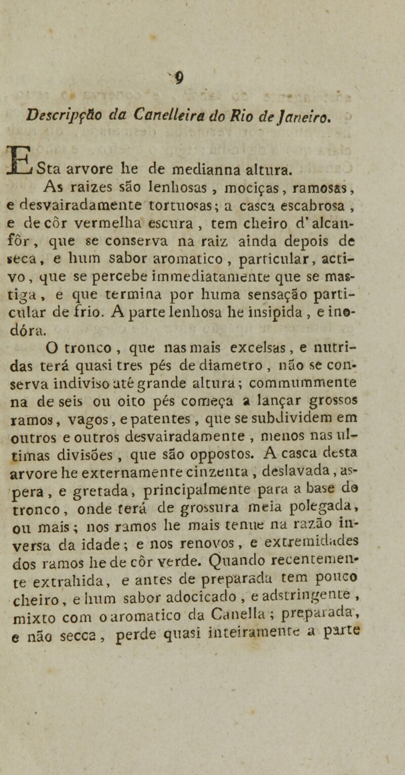 Descripçâo da Canelleira do Rio de Janeiro. E Sta arvore he de medianna altura. As raizes são lenhosas , mociças, ramosas, e desvairadamente tortuosas; a casca escabrosa , e de cor vermelha escura , tem cheiro d' alcan- fôr, que se conserva na raiz ainda depois de seca, e hum sabor aromático, parricular, acti- vo, que se percebe immediatamente que se mas- tiga , e que termina por huma sensação parti- cular de frio. A parte lenhosa he insípida , e ino- dora. O tronco , que nas mais excelsas, e nutri- das terá quasi três pés de diâmetro , não se con- serva indiviso até grande altura; commummente na de seis ou oito pés começa a lançar grossos ramos, vagos, e patentes, que se subdividem em outros e outros desvairadamente , menos nas ul- timas divisões, que são oppostos. A casca desta arvore he externamente cinzenta , deslavada, ás- pera , e gretada, principalmente para a base do tronco, onde terá de grossura meia polegada, ou mais; nos ramos he mais ténue na razão in- versa da idade; e nos renovos, e extremidades dos ramos he de cor verde. Quando recentemen- te extrahida, e antes de preparada tem pouco cheiro, e hum sabor adocicado , e adstringente , mixto com o aromático da Canella; preparada, e não secca, perde quasi inteiramente a parte