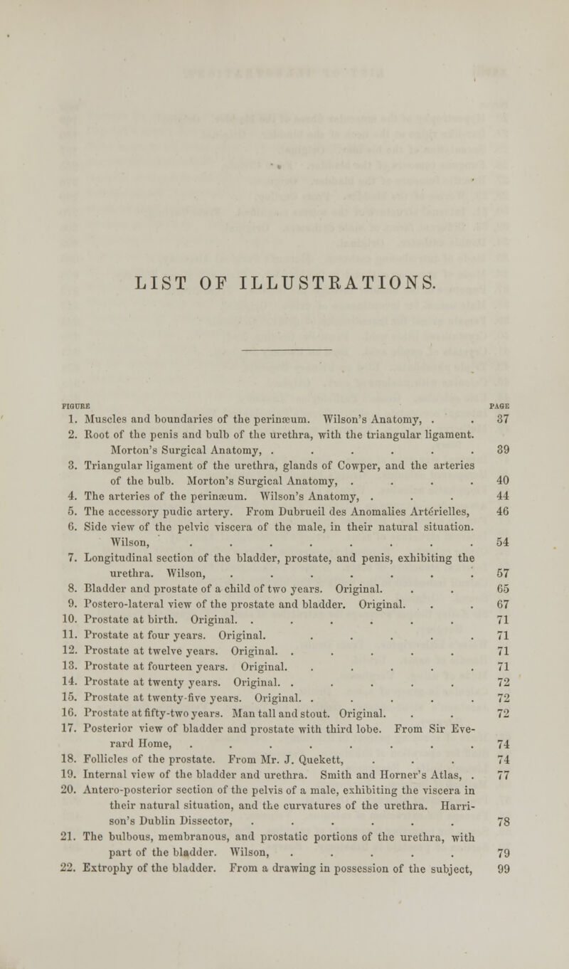 LIST OF ILLUSTRATIONS. FIGURE PAGE 1. Muscles and boundaries of the perineum. Wilson's Anatomy, . . 37 2. Root of the penis and bulb of the urethra, with the triangular ligament. Morton's Surgical Anatomy, ...... 39 3. Triangular ligament of the urethra, glands of Cowper, and the arteries of the bulb. Morton's Surgical Anatomy, . . . .40 4. The arteries of the perinajum. Wilson's Anatomy, ... 44 5. The accessory pudic artery. From Dubrueil des Anomalies Arterielles, 46 6. Side view of the pelvic viscera of the male, in their natural situation. Wilson, ........ 54 7. Longitudinal section of the bladder, prostate, and penis, exhibiting the urethra. Wilson, ....... 57 8. Bladder and prostate of a child of two years. Original. . . 65 9. Postero-lateral view of the prostate and bladder. Original. . . 67 10. Prostate at birth. Original. ...... 71 11. Prostate at four years. Original. . . . . .71 12. Prostate at twelve years. Original. ..... 71 13. Prostate at fourteen years. Original. . . . . .71 14. Prostate at twenty years. Original. ..... 72 15. Prostate at twenty-five years. Original. . . . . .72 16. Prostate at fifty-two years. Man tall and stout. Original. . . 72 17. Posterior view of bladder and prostate with third lobe. From Sir Eve- rard Home, ........ 74 18. Follicles of the pi-ostate. From Mr. J. Quekett, ... 74 19. Internal view of the bladder and urethra. Smith and Horner's Atlas, . 77 20. Antero-posterior section of the pelvis of a male, exhibiting the viscera in their natural situation, and the curvatures of the urethra. Harri- son's Dublin Dissector, ...... 78 21. The bulbous, membranous, and prostatic portions of the urethra, with part of the bladder. Wilson, ..... 79 22. Extrophy of the bladder. From a drawing in possession of the subject, 99