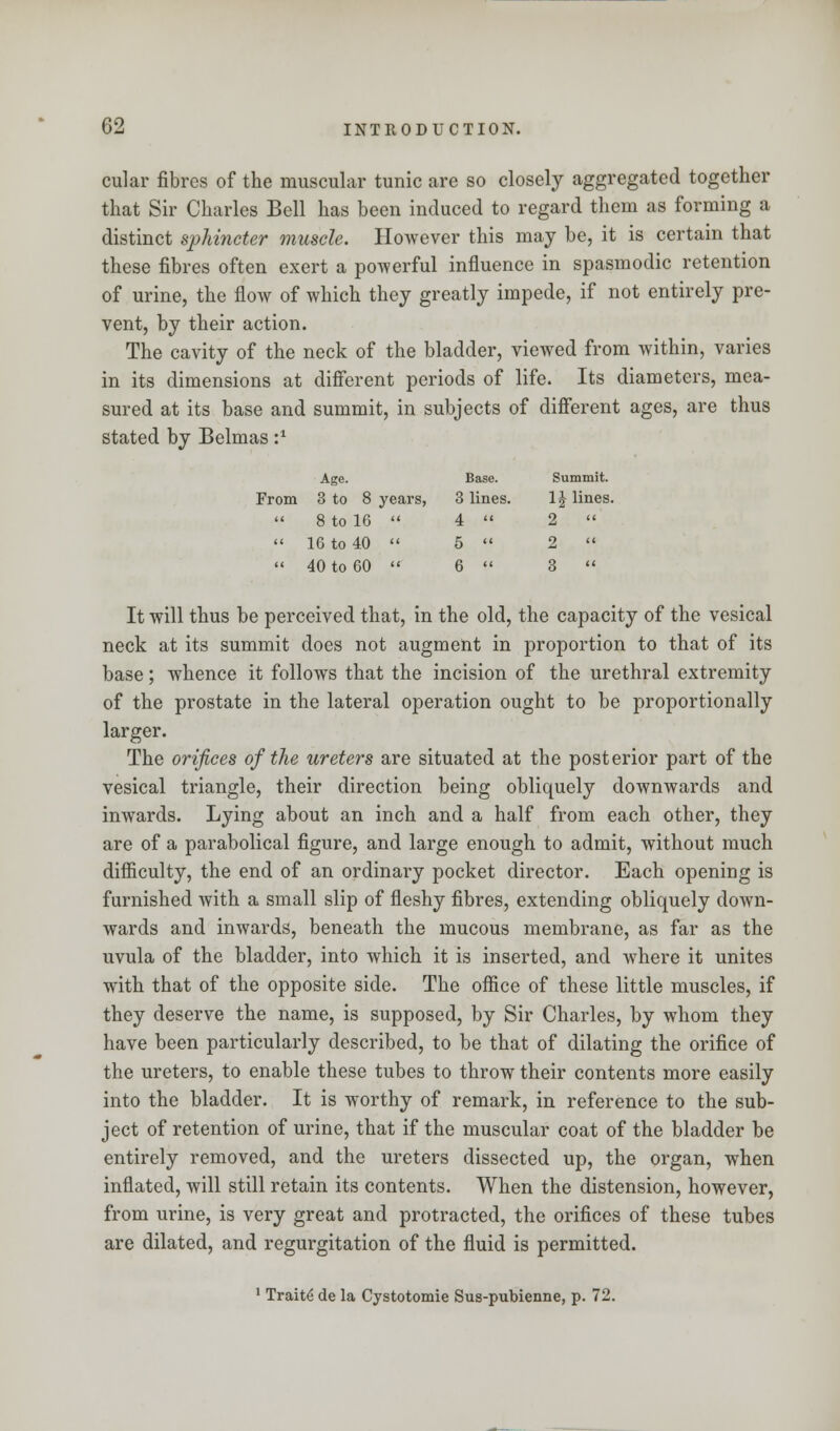 cular fibres of the muscular tunic are so closely aggregated together that Sir Charles Bell has been induced to regard them as forming a distinct sphincter muscle. However this may be, it is certain that these fibres often exert a powerful influence in spasmodic retention of urine, the flow of which they greatly impede, if not entirely pre- vent, by their action. The cavity of the neck of the bladder, viewed from within, varies in its dimensions at different periods of life. Its diameters, mea- sured at its base and summit, in subjects of different ages, are thus stated by Belmas :* Age. Base. Summit. From 3 to 8 years, 3 lines. 1J lines. 8 to 16  4  2   16 to 40  5  2   40 to 60  6  3  It will thus be perceived that, in the old, the capacity of the vesical neck at its summit does not augment in proportion to that of its base; whence it follows that the incision of the urethral extremity of the prostate in the lateral operation ought to be proportionally larger. The orifices of the ureters are situated at the posterior part of the vesical triangle, their direction being obliquely downwards and inwards. Lying about an inch and a half from each other, they are of a parabolical figure, and large enough to admit, without much difficulty, the end of an ordinary pocket director. Each opening is furnished with a small slip of fleshy fibres, extending obliquely down- wards and inwards, beneath the mucous membrane, as far as the uvula of the bladder, into which it is inserted, and where it unites with that of the opposite side. The office of these little muscles, if they deserve the name, is supposed, by Sir Charles, by whom they have been particularly described, to be that of dilating the orifice of the ureters, to enable these tubes to throw their contents more easily into the bladder. It is worthy of remark, in reference to the sub- ject of retention of urine, that if the muscular coat of the bladder be entirely removed, and the ureters dissected up, the organ, when inflated, will still retain its contents. When the distension, however, from urine, is very great and protracted, the orifices of these tubes are dilated, and regurgitation of the fluid is permitted. 1 Traite de la Cystotomie Sus-pubienne, p. 72.