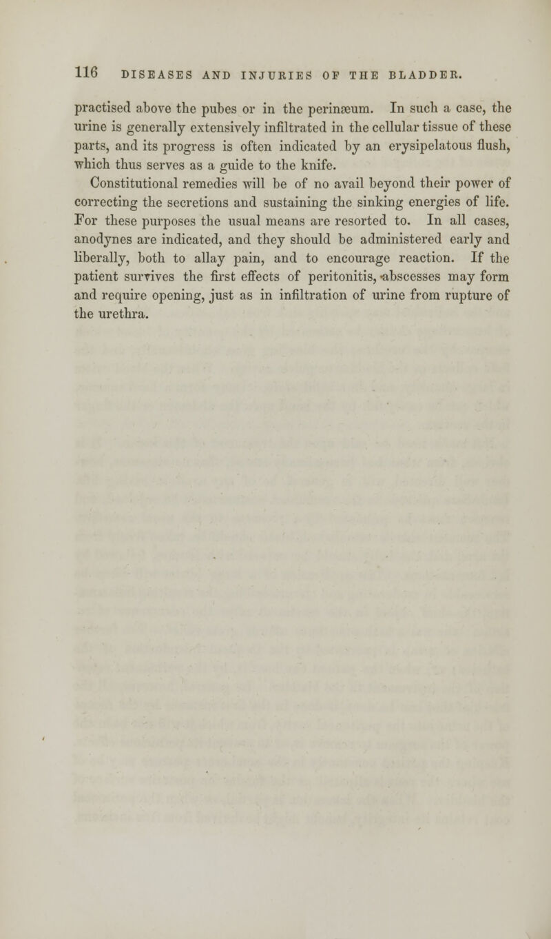 practised above the pubes or in the perineum. In such a case, the urine is generally extensively infiltrated in the cellular tissue of these parts, and its progress is often indicated by an erysipelatous flush, which thus serves as a guide to the knife. Constitutional remedies will be of no avail beyond their power of correcting the secretions and sustaining the sinking energies of life. For these purposes the usual means are resorted to. In all cases, anodynes are indicated, and they should be administered early and liberally, both to allay pain, and to encourage reaction. If the patient survives the first effects of peritonitis, -abscesses may form and require opening, just as in infiltration of urine from rupture of the urethra.