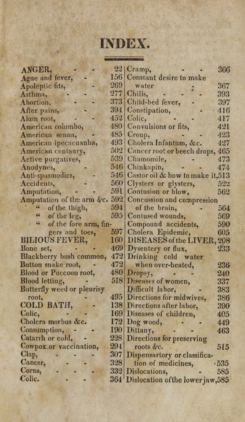 INDEX. ANGER, 22 Ague and fever, 156 Apoleptic fits, 269 Asthma, 277 Abortion, 373 After pains, 394 Alum root, 452 American col umbo, 480 American senna, 485 American ipecacuanha, 493 American centaury, 502 Active purgatives, 539 Anodynes, 546 Antispasmodics, 546 Accidents, 560 Amputation, 591 Amputation of tb/j arm 4'c 592  ofthe thigh, 594  of the leg, 595  of the fore arm, fin- gers and toes, 597 BILIOUS FEVER, 160 Bone set, - - 469 Blackberry bush common, 472 Button snake root, - 472 Blood or Puccoon root, 480 Blood letting, - 518 Butterfly weed or pleurisy root, - 495 COLD BATH, - 138 Colic, - - 169 Cholera morbus &c« 172 Consumption, - - 190 Catarrh or cold, - 228 Cowpox.or vaccination, 294 Clap, ... 307 Cancer, - - 328 Corns, - - . 332 Colic. - - 364 Cramp, - * 366 Constant desire to make water - 367 Chills, - - ' - 393 Child-bed fever, - 397 Constipation, - 416 Colic, - - 417 Convulsions or fits, 421 Croup, - - 423 Cholera Infantum, &c. 427 Cancer root or beech drops, 465 Chamomile, - 473 Chinkapin, - - 474 Castor oil & how to make it,513 Clysters or glysters, 52'<J Contusion or blow, 562 Concussion and compression ofthe brain, - 564 Contused wounds, 569 Compound accidents, 590 Cholera Epidemic, 605 DISEASESof the LIVER, 208 Dysentery or flux, 233 Drinking cold water when over-heated, 236 Dropsy, - - 240 Diseases of women, 337 Difficult labor, - 383 Directions for midwives, 386 Directions after labor, 390 Diseases of children, 405 Dog wood, - - 449 Dittany, - - 463 Directions for preserving roots fyc. 515 Dispensartory or classifica- tion of medicines, '535 Dislocations, - 585 Dislocation ofthe lowerjaw,585