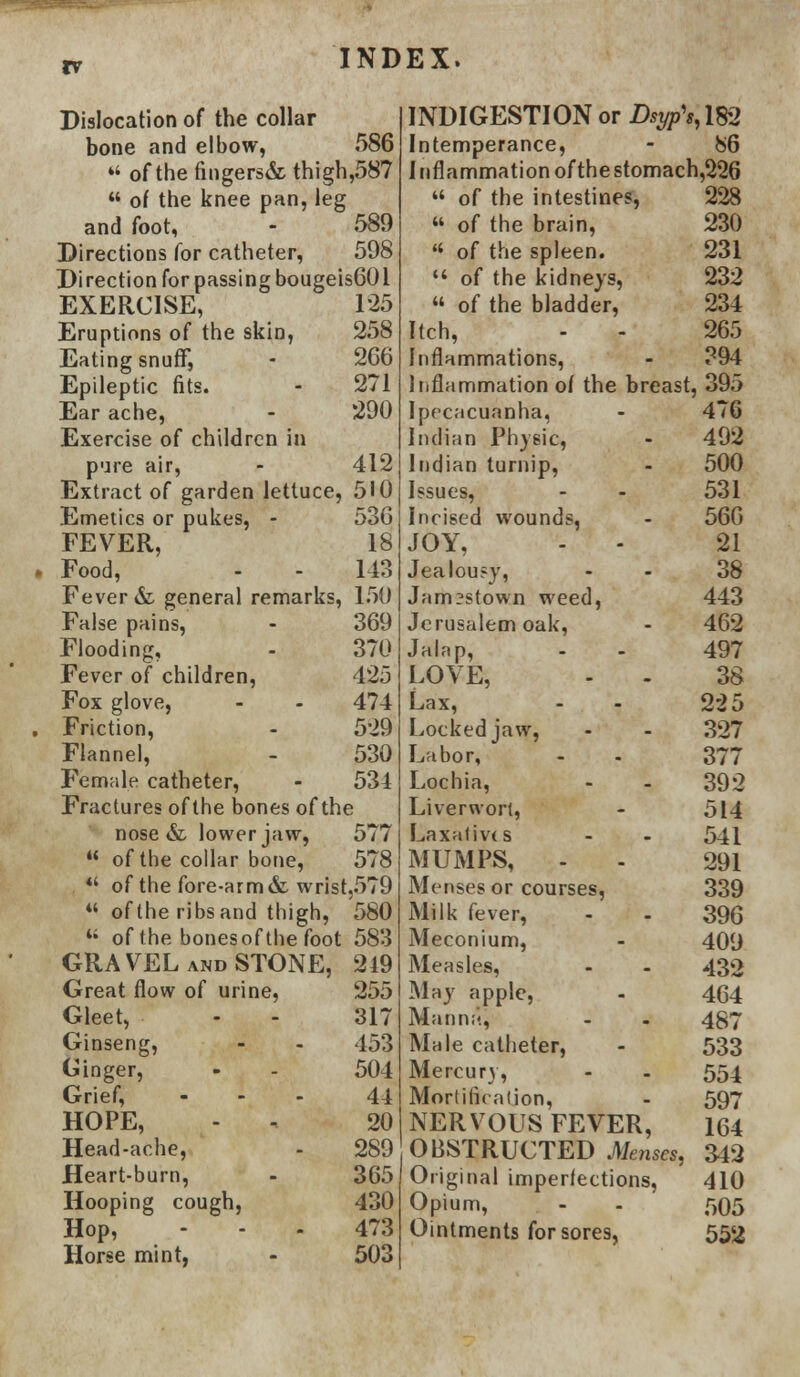 Dislocation of the collar bone and elbow, 586 M of the fingers& thigh,587  of the knee pan, leg and foot, - 589 Directions for catheter, 598 Direction for passing bougeis601 EXERCISE, 125 Eruptions of the skin, 258 Eating snuff, - 266 Epileptic fits. - 271 Ear ache, - 290 Exercise of children in pure air, - 412 Extract of garden lettuce, 510 Emetics or pukes, - 536 FEVER, 18 Food, - - 143 Fever & general remarks, 150 False pains, - 369 Flooding, - 370 Fever of children, 425 Fox glove, - - 474 Friction, - 529 Flannel, - 530 Female catheter, - 534 Fractures ofthe bones of the nose & lower jaw, 577  ofthe collar bone, 578  of the fore-arm & wrist,579  ofthe ribs and thigh, 580 u of the bonesofthe foot 583 GRAVEL and STONE, 219 Great flow of urine, 255 Gleet, - - 317 Ginseng, - - 453 Ginger, - - 504 Grief, ... 44 HOPE, - - 20 Head-ache, - 289 Heart-burn, - 365 Hooping cough, 430 Hop, - - - 473 Horse mint, - 503 INDIGESTION or Dsyfam Intemperance, - 86 Inflammation ofthe stomach,226  of the intestines, 228  of the brain, 230 « of the spleen. 231 « of the kidneys, 232 « of the bladder, 234 Itch, - - 265 Inflammations, - 394 Inflammation 0/ the breast, 395 Ipecacuanha, - 476 Indian Physic, - 492 Indian turnip, - 500 Issues, - - 531 Incised wounds, - 566 JOY, - - 21 Jealousy, 38 Jam?stown weed, 443 Jerusalem oak, - 462 Jalap, - - 497 LOVE, - - 38 Lax, - - 225 Locked jaw, - - 327 Labor, - - 377 Lochia, - - 392 Liverwort, - 514 Laxatives - - 541 MUMPS, - - 291 Menses or courses, 339 Milk fever, - - 396 Meconium, - 409 Measles, - - 432 May apple, - 464 Manna, - - 487 Male catheter, - 533 Mercury, - - 554 Mortification, - 597 NERVOUS FEVER, 164 OBSTRUCTED Menses, £42 Original imperfections, 410 Opium, - - 505 Ointments for sores, 552