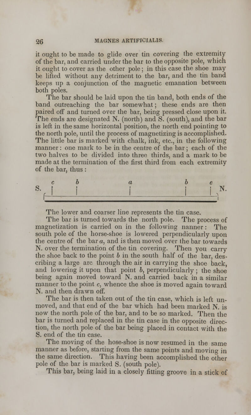 it ought to be made to glide over tin covering the extremity of the bar, and carried under the bar to the opposite pole, which it ought to cover as the other pole; in this case the shoe may- be lifted without any detriment to the bar, and the tin band keeps up a conjunction of the magnetic emanation between both poles. The bar should be laid upon the tin band, both ends of the band outreaching the bar somewhat; these ends are then paired off and turned over the bar, being pressed close upon it. The ends are designated N. (north) and S. (south), and the bar is left in the same horizontal position, the north end pointing to the north pole, until the process of magnetizing is accomplished. The little bar is marked with chalk, ink, etc., in the following manner: one mark to be in the centre of the bar; each of the two halves to be divided into three thirds, and a mark to be made at the termination of the first third from each extremity of the bar, thus : s- , i i ! i KN- The lower and coarser line represents the tin case. The bar is turned towards the north pole. The process of magnetization is carried on in the following nanner: The south pole of the horse-shoe is lowered perpendicularly upon the centre of the bar a, and is then moved over the bar towards N. over the termination of the tin covering. Then you carry the shoe back to the point b in the south half of the bar, des- cribing a large arc through the air in carrying the shoe back, and lowering it upon that point b, perpendicularly ; the shoe being again moved toward N. and carried back in a similar manner to the point c, whence the shoe is moved again toward N. and then drawn off. The bar is then taken out of the tin case, which is left un- moved, and that end of the bar which had been marked N. is now the north pole of the bar, and to be so marked. Then the bar is turned and replaced in the tin case in the opposite direc- tion, the north pole of the bar being placed in contact with the S. end of the tin case. The moving of the hose-shoe is now resumed in the same manner as before, starting from the same points and moving in the same direction. This having been accomplished the other pole of the bar is marked S. (south pole). This bar, being laid in a closely fitting groove in a stick of