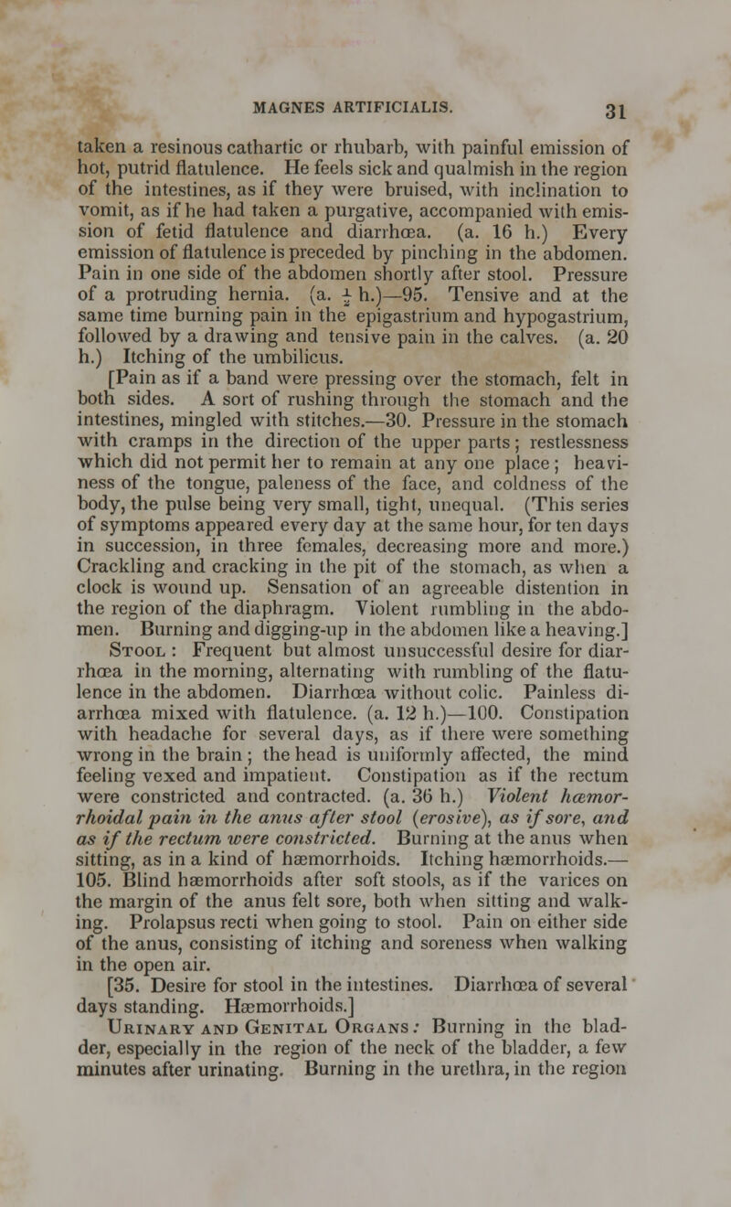 taken a resinous cathartic or rhubarb, with painful emission of hot, putrid flatulence. He feels sick and qualmish in the region of the intestines, as if they were bruised, with inclination to vomit, as if he had taken a purgative, accompanied with emis- sion of fetid flatulence and diarrhoea, (a. 16 h.) Every emission of flatulence is preceded by pinching in the abdomen. Pain in one side of the abdomen shortly after stool. Pressure of a protruding hernia, (a. £ h.)—95. Tensive and at the same time burning pain in the epigastrium and hypogastrium, followed by a drawing and tensive pain in the calves, (a. 20 h.) Itching of the umbilicus. [Pain as if a band were pressing over the stomach, felt in both sides. A sort of rushing through the stomach and the intestines, mingled with stitches.—30. Pressure in the stomach with cramps in the direction of the upper parts; restlessness which did not permit her to remain at any one place ; heavi- ness of the tongue, paleness of the face, and coldness of the body, the pulse being very small, tight, unequal. (This series of symptoms appeared every day at the same hour, for ten days in succession, in three females, decreasing more and more.) Crackling and cracking in the pit of the stomach, as when a clock is wound up. Sensation of an agreeable distention in the region of the diaphragm. Violent rumbling in the abdo- men. Burning and digging-up in the abdomen like a heaving.] Stool : Frequent but almost unsuccessful desire for diar- rhoea in the morning, alternating with rumbling of the flatu- lence in the abdomen. Diarrhoea without colic. Painless di- arrhoea mixed with flatulence, (a. 12 h.)—100. Constipation with headache for several days, as if there were something wrong in the brain ; the head is uniformly affected, the mind feeling vexed and impatient. Constipation as if the rectum were constricted and contracted, (a. 36 h.) Violent hemor- rhoidal fain in the anus after stool (erosive), as if sore, and as if the rectum were constricted. Burning at the anus when sitting, as in a kind of haemorrhoids. Itching haemorrhoids.— 105. Blind haemorrhoids after soft stools, as if the varices on the margin of the anus felt sore, both when sitting and walk- ing. Prolapsus recti when going to stool. Pain on either side of the anus, consisting of itching and soreness when walking in the open air. [35. Desire for stool in the intestines. Diarrhoea of several days standing. Haemorrhoids.] Urinary and Genital Organs: Burning in the blad- der, especially in the region of the neck of the bladder, a few minutes after urinating. Burning in the urethra, in the region