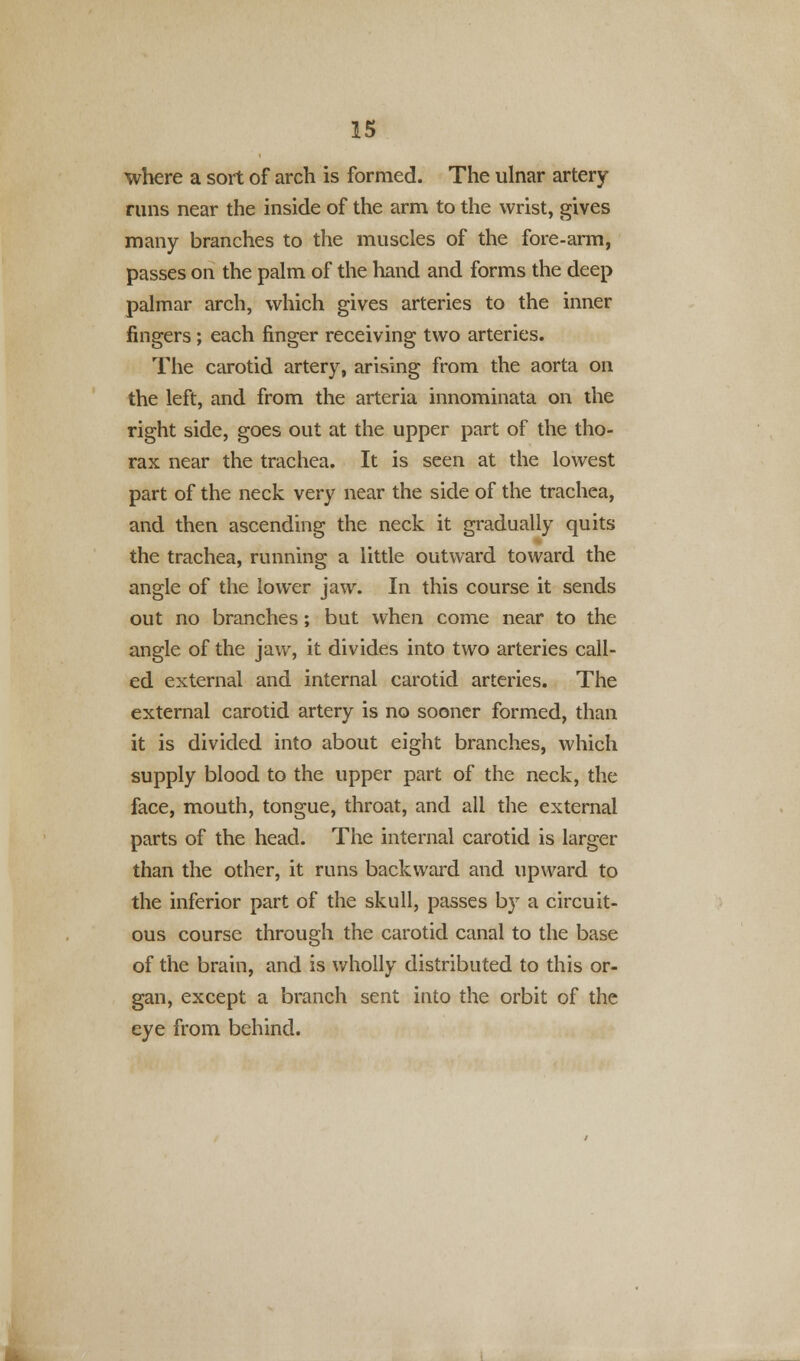 where a sort of arch is formed. The ulnar artery- runs near the inside of the arm to the wrist, gives many branches to the muscles of the fore-arm, passes on the palm of the hand and forms the deep palmar arch, which gives arteries to the inner fingers ; each finger receiving two arteries. The carotid artery, arising from the aorta on the left, and from the arteria innominata on the right side, goes out at the upper part of the tho- rax near the trachea. It is seen at the lowest part of the neck very near the side of the trachea, and then ascending the neck it gradually quits the trachea, running a little outward toward the angle of the lower jaw. In this course it sends out no branches; but when come near to the angle of the jaw, it divides into two arteries call- ed external and internal carotid arteries. The external carotid artery is no sooner formed, than it is divided into about eight branches, which supply blood to the upper part of the neck, the face, mouth, tongue, throat, and all the external parts of the head. The internal carotid is larger than the other, it runs backward and upward to the inferior part of the skull, passes by a circuit- ous course through the carotid canal to the base of the brain, and is wholly distributed to this or- gan, except a branch sent into the orbit of the eye from behind.