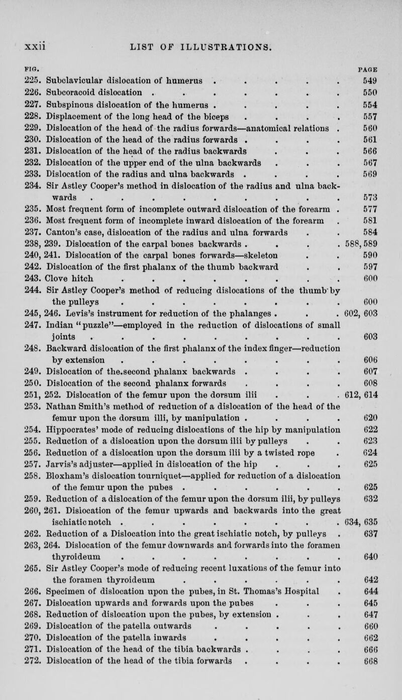 Flff. 225. Subclavicular dislocation of humerus . . . . 226. Subcoracoid dislocation . 227. Subspinous dislocation of the humerus .... 228. Displacement of the long head of the biceps 229. Dislocation of the head of the radius forwards—anatomical relations 230. Dislocation of the head of the radius forwards . 231. Dislocation of the head of the radius backwards 232. Dislocation of the upper end of the ulna backwards 233. Dislocation of the radius and ulna backwards . 234. Sir Astley Cooper's method in dislocation of the radius and ulna back wards ........ 235. Most frequent form of incomplete outward dislocation of the forearm 236. Most frequent form of incomplete inward dislocation of the forearm 237. Canton's case, dislocation of the radius and ulna forwards 238. 239. Dislocation of the carpal bones backwards . 240, 241. Dislocation of the carpal bones forwards—skeleton 242. Dislocation of the first phalanx of the thumb backward 243. Clove hitch ....... 244. Sir Astley Cooper's method of reducing dislocations of the thumb by the pulleys ....... 245. 246. Levis's instrument for reduction of the phalanges . 247. Indian  puzzle—employed in the reduction of dislocations of small joints ........ 248. Backward dislocation of the first phalanx of the index finger—reduction by extension ....... 249. Dislocation of the.second phalanx backwards . 250. Dislocation of the second phalanx forwards 251. 252. Dislocation of the femur upon the dorsum ilii 253. Nathan Smith's method of reduction of a dislocation of the head of the femur upon the dorsum illi, by manipulation . 254. Hippocrates' mode of reducing dislocations of the hip by manipulation 255. Reduction of a dislocation upon the dorsum ilii by pulleys 256. Reduction of a dislocation upon the dorsum ilii by a twisted rope 257. Jarvis's adjuster—applied in dislocation of the hip 258. Bloxham's dislocation tourniquet—applied for reduction of a dislocation of the femur upon the pubes ...... 259. Reduction of a dislocation of the femur upon the dorsum ilii, by pulleys 260. 261. Dislocation of the femur upwards and backwards into the great ischiatic notch ........ 262. Reduction of a Dislocation into the great ischiatic notch, by pulleys 263, 264. Dislocation of the femur downwards and forwards into the foramen thyroideum ........ 265. Sir Astley Cooper's mode of reducing recent luxations of the femur into the foramen thyroideum ...... 266. Specimen of dislocation upon the pubes, in St. Thomas's Hospital 267. Dislocation upwards and forwards upon the pnbes 268. Reduction of dislocation upon the pubes, by extension . 269. Dislocation of the patella outwards . . . . . 270. Dislocation of the patella inwards . . . . . 271. Dislocation of the head of the tibia backwards . . . . 272. Dislocation of the head of the tibia forwards .... PAGE 549 550 554 557 560 561 566 567 569 573 577 581 584 588,589 590 597 600 600 602, 603 603 606 607 608 612, 614 620 622 623 624 625 625 632 634, 635 637 640 642 644 645 647 660 662 666 668