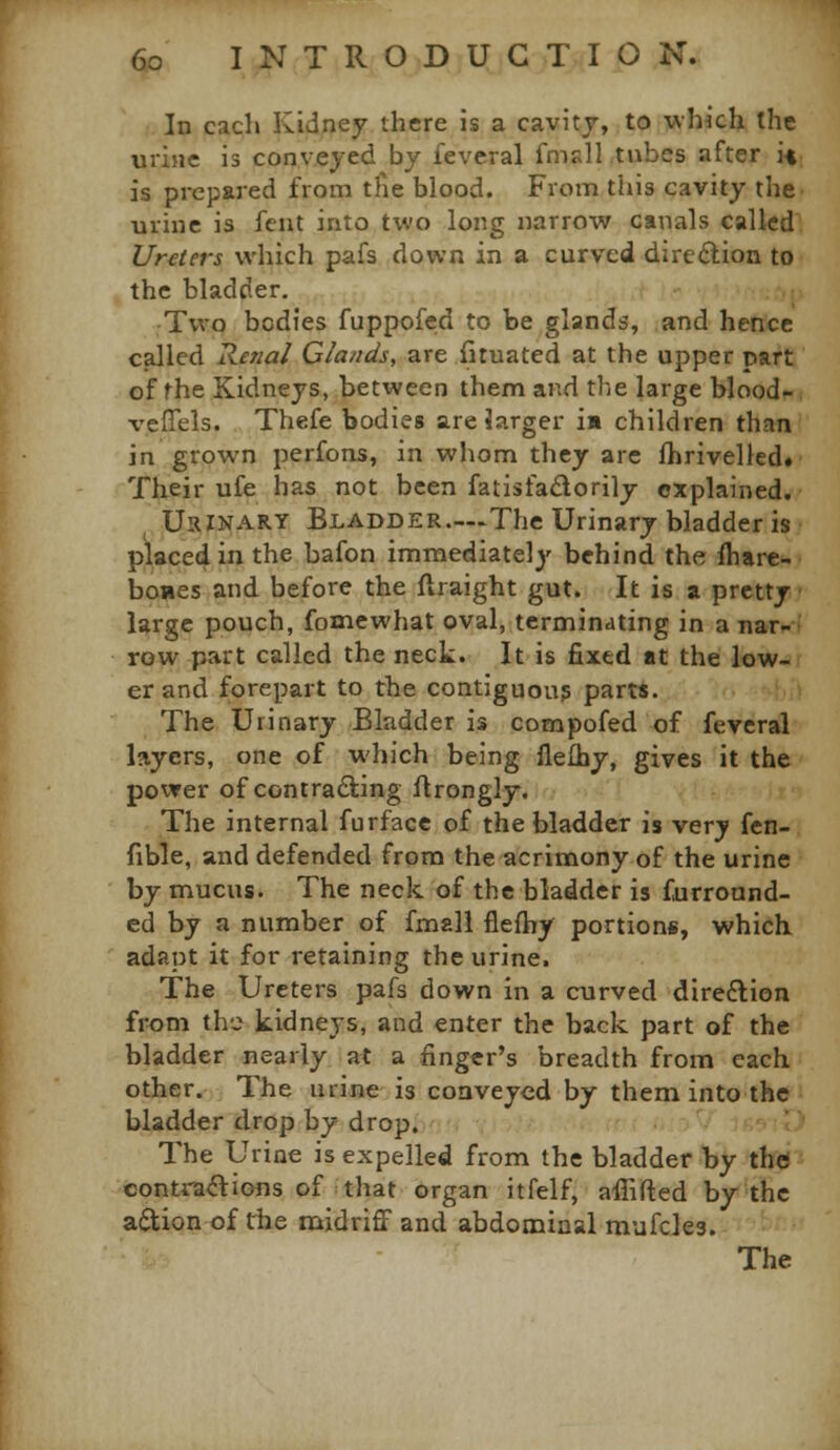 In each Kidney there is a cavitj, to which the urine is conveyed by feveral fmsll tubes after ii is prepared from tfie blood. From this cavity the urine is feut into two long narrow canals called Ureters which pafs down in a curved dire<9:ion to the bladder. Two bodies fuppofed to be glands, and hence called Retial Ciands, are fituated at the upper part of fhe Kidneys, between them and the large blood- veffels. Thefe bodies are Jarger i« children than in grown perfons, in whom they are ftirivelled. Their ufe has not been fatisfadorily explained. UaiNARY Bladder.—The Urinary bladder is placed in the bafon immediately behind the fhare- boHes and before the ftraight gut. It is a pretty large pouch, fomewhat oval, terminating in a nar- row part called the neck. It is fixed at the low- er and forepart to the contiguous parts. The Urinary Bladder is compofed of feveral layers, one of which being flelhy, gives it the power of contradling ftrongly. The internal furface of the bladder is very fen- fible, and defended from the acrimony of the urine by mucus. The neck of the bladder is furroand- ed by a number of fmall flefby portions, which adapt it for retaining the urine. The Ureters pafs down in a curved direftion from the kidneys, and enter the back part of the bladder nearly at a finger's breadth from each other. The urine is conveyed by them into the bladder drop by drop. The Urine is expelled from the bladder by the contra<?lions of that organ itfelf, affifted by the adion of the midriff and abdomiaal mufcles.
