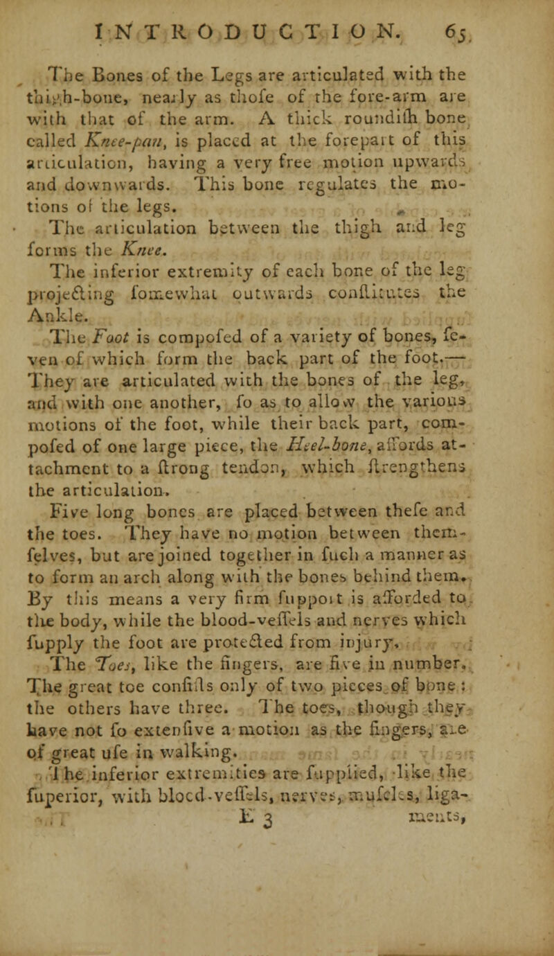 The Bones of the Legs are avticulated with the thli'.h-boue, neaxly as thofe of the fore-arm are with that cf the arm. A thick roundilh bone called Knte-pa/i, is placed at the forepart of this ardculation, having a very free motion upwards^ and downwards. This bone regulates the mo- tions of the legs. ^ The articulation between the thigh and leg forms the Knee. The inferior extremity of each bone of the leg projefting fomewliiU outwards condicates the Ankle. Tlie Faot is compofed of a variety of bones, fe- ven of which form the back part of the foot.— They are a.rticulated with the bones of the leg, and with one another, fo as to alio vv the various motions of the foot, while their back part, com- pofed of one large piece, the rUel-bone, affords at- tachment to a flrong teudo.n, which flrengthens, the articulation. Five long bones are placed between thefe and the toes. They have no motion between them- felves, but are joined together in fuch a manner as to form an arch along with the bones behind them»; By tin's means a very firm fuppoit.is afforded tq^. tlie body, while the blood-veflVls and nerves ^'hich fupply the foot are prott-6led from injury, ,.■.», -.; The Toifi, like the fingers, are five in number. The great toe confiils only of two pieces of bone : the others have three. The toes, tho-ugh they have not fo extenfive a motioji .as,tiie fi4iggr5* lie pf great ufe in walking. , ,;., nm.^.l :>■■ vi vi;£^f: ,'1 he.inferior extremities are fupplied, like, the fuperior, with blocd-veffcrls, n?rvt,, mufcks., liga-