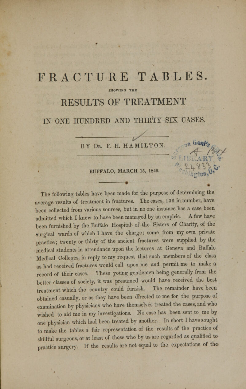 FRACTURE TABLES. SHOWING THE RESULTS OF TREATMENT IN ONE HUNDRED AND THIRTY-SIX CASES. 37- BY Dr. F. H. HAMILTON. 5ft «*»* __ _ /f- n BUFFALO, MARCH 15, 1849. ' J t).^ The following tables have been made for the purpose of determining the average results of treatment in fractures. The cases, 136 in number, have been collected from various sources, but in no one instance has a case been admitted which I knew to have been managed by an empiric. A few have been furnished by the Buffalo Hospital of the Sisters of Charity, of the surgical wards of which I have the charge; some from my own private practice; twenty or thirty of the ancient fractures were supplied by the medical students in attendance upon the lectures at Geneva and Buffalo Medical Colleges, in reply to my request that such members of the class as had received fractures would call upon me and permit me to make a record of their cases. These young gentlemen being generally from the better classes of society, it was presumed would have received the best treatment which the country could furnish. The remainder have been obtained casually, or as they have been directed to me for the purpose of examination by physicians who have themselves treated the cases, and who wished to aid me in my investigations. No case has been sent to me by one physician which had been treated by another. In short I have sought to make the tables a fair representation of the results of the practice of skillful surgeons, or at least of those who by us are regarded as qualified to practice surgery. If the results are not equal to the expectations of the