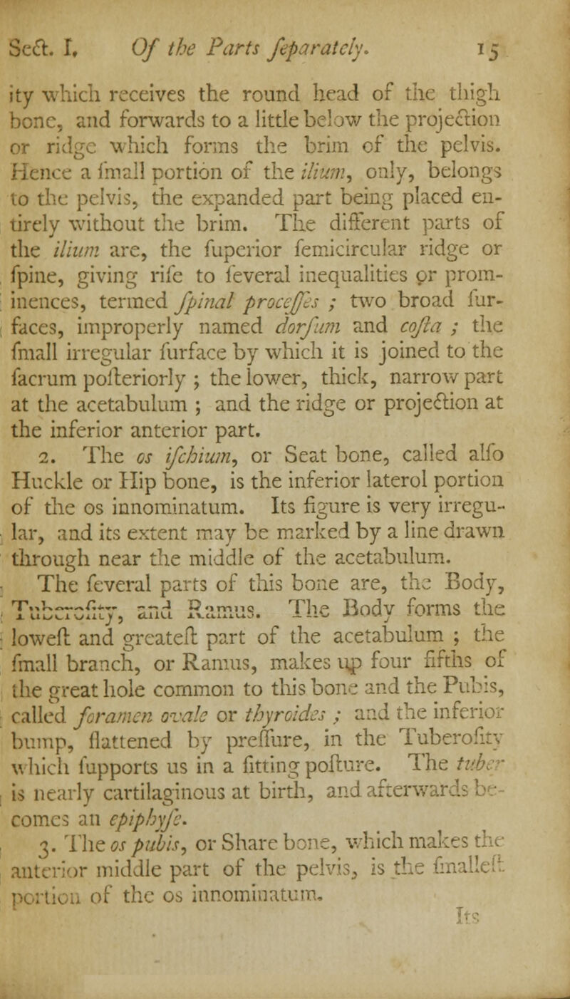 ity which receives the round head of the thigh bone, and forwards to a little below the projection or ridge which forms the brim of the pelvis. Hence a fmall portion of the ilium, only, belongs to the pelvis, the expanded part being placed en- tirely without the brim. The different parts of the ilium are, the fuperior femicircular ridge or fpine, giving rife to ieveral inequalities pr prom- inences, termed fplnal procefjh ; two broad fur- faces, improperly named dorfum and cofta ; the fmall irregular furface by which it is joined to the facrum posteriorly ; the lower, thick, narrow part at the acetabulum ; and the ridge or projection at the inferior anterior part. 1. The os ifekium, or Seat bone, called alfo Huckle or Hip bone, is the inferior laterol portion of the os innominatum. Its figure is very irregu- lar, and its extent may be marked by a line drawn through near the middle of the acetabulum. The feveral parts of this bone are, the Body, lUi/UwiLj, AilU Avo.iii.U5. A ii'-. .UIJUV JC'IUIO LUC lowefl and greatefl: part of the acetabulum ; the fmall branch, or Ramus, makes up four fifths of the great hole common to this bone and the Pubis, called foramen ovale or tbyroides ; and the inferior bump, flattened by preffure, in the Tuberofity which iupports us in a fitting poflure. The ti is nearly cartilaginous at birth, and afterwards come5 an epiphyfe. 3. The os pubis, or Share bone, which makes the anterior middle part of the pelvis, is the una of the os innominatum.