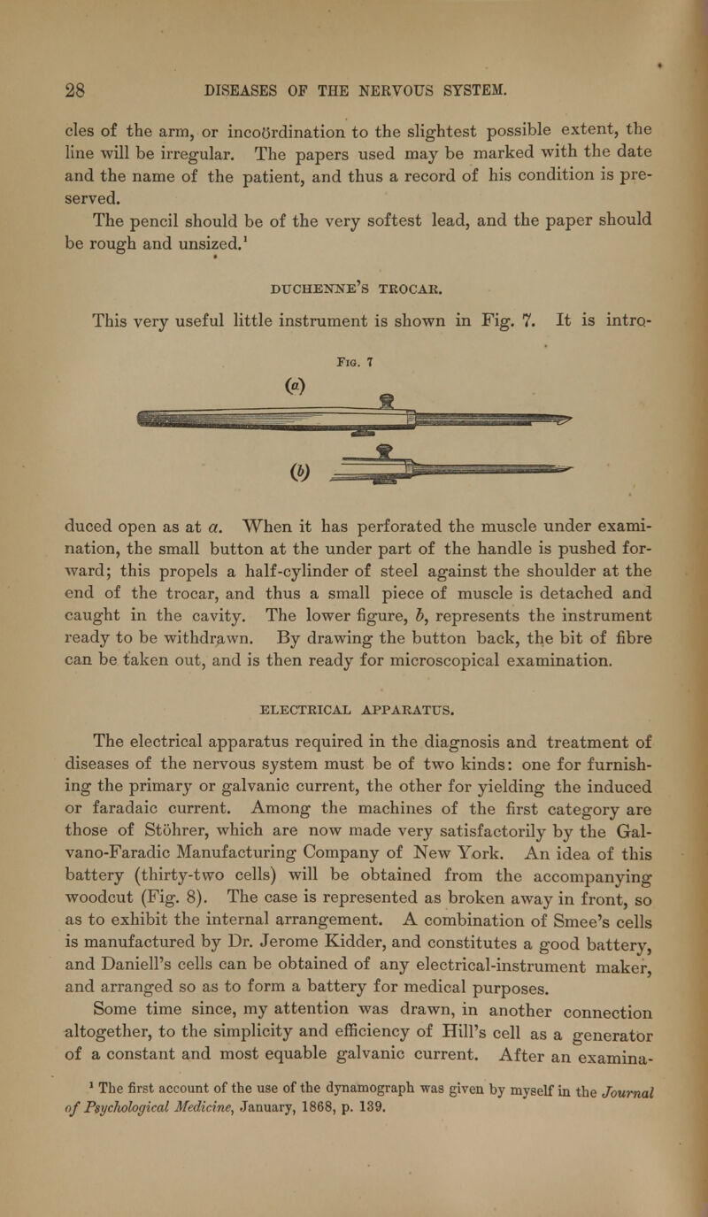 cles of the arm, or incoordination to the slightest possible extent, the line will be irregular. The papers used may be marked with the date and the name of the patient, and thus a record of his condition is pre- served. The pencil should be of the very softest lead, and the paper should be rough and unsized.' duchenne's teocak. This very useful little instrument is shown in Fig. 7. It is intro- FiG. 7 duced open as at a. When it has perforated the muscle under exami- nation, the small button at the under part of the handle is pushed for- ward; this propels a half-cylinder of steel against the shoulder at the end of the trocar, and thus a small piece of muscle is detached and caught in the cavity. The lower figure, 5, represents the instrument ready to be withdrawn. By drawing the button back, the bit of fibre can be taken out, and is then ready for microscopical examination. ELECTEICAL APPARATUS. The electrical apparatus required in the diagnosis and treatment of diseases of the nervous system must be of two kinds: one for furnish- ing the primary or galvanic current, the other for yielding the induced or faradaic current. Among the machines of the first category are those of Stohrer, which are now made very satisfactorily by the Gal- vano-Faradic Manufacturing Company of New York. An idea of this battery (thirty-two cells) will be obtained from the accompanying woodcut (Fig. 8). The case is represented as broken away in front, so as to exhibit the internal arrangement. A combination of Smee's cells is manufactured by Dr. Jerome Kidder, and constitutes a good battery, and Daniell's cells can be obtained of any electrical-instrument maker, and arranged so as to form a battery for medical purposes. Some time since, my attention was drawn, in another connection altogether, to the simplicity and efficiency of Hill's cell as a generator of a constant and most equable galvanic current. After an examina- * The first account of the use of the dynamograph was given by myself in the Journal of Psychological Medicine, January, 1868, p. 139.