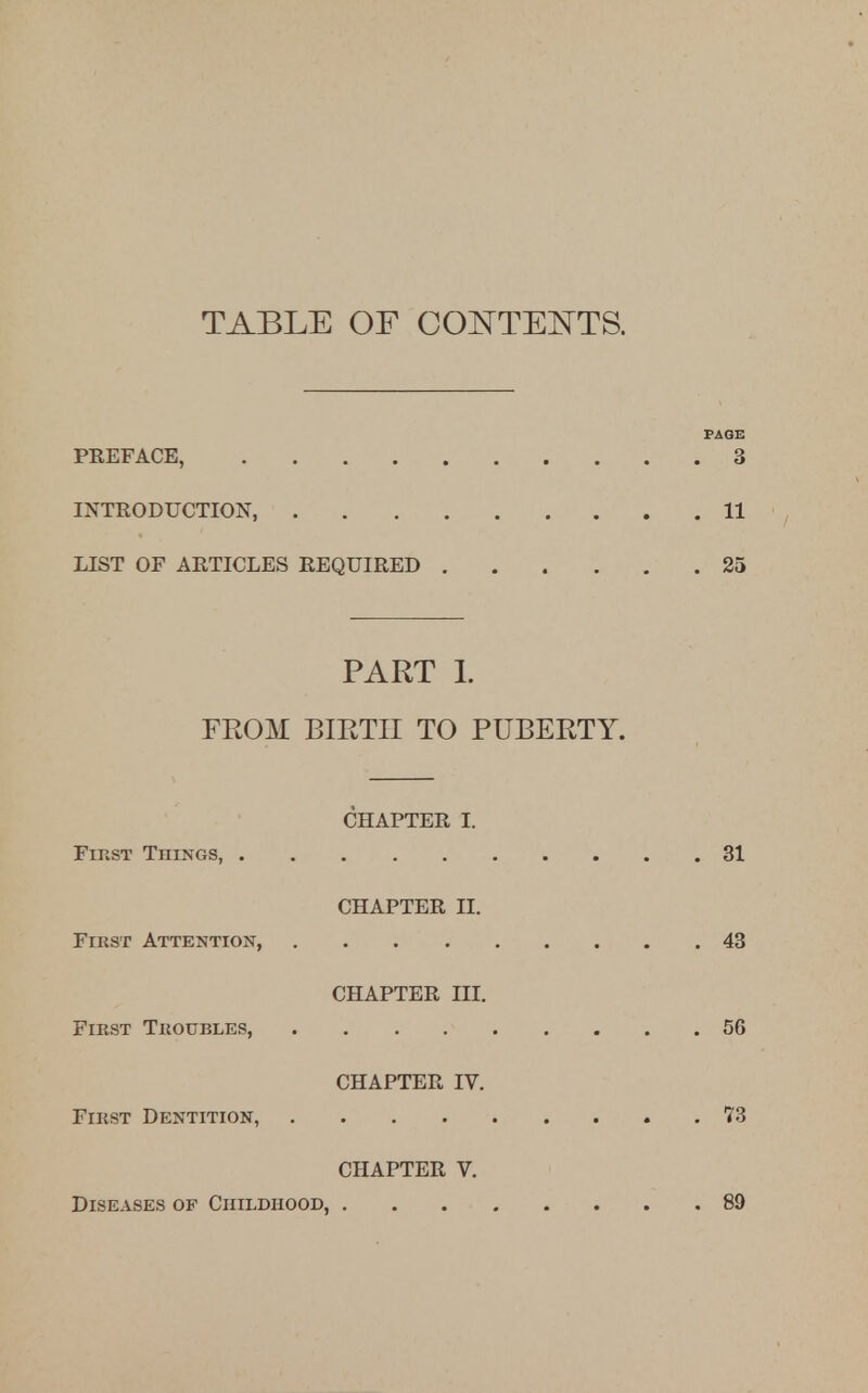 TABLE OF CONTENTS. PAGE PREFACE, 3 INTRODUCTION, 11 LIST OF ARTICLES REQUIRED 25 PART L FROM BIRTH TO PUBERTY. CHAPTER I. First Things, 31 CHAPTER II. First Attention, 43 CHAPTER HI. First Troubles, 56 CHAPTER IV. First Dentition, 73 CHAPTER V. Diseases of Childhood, 89