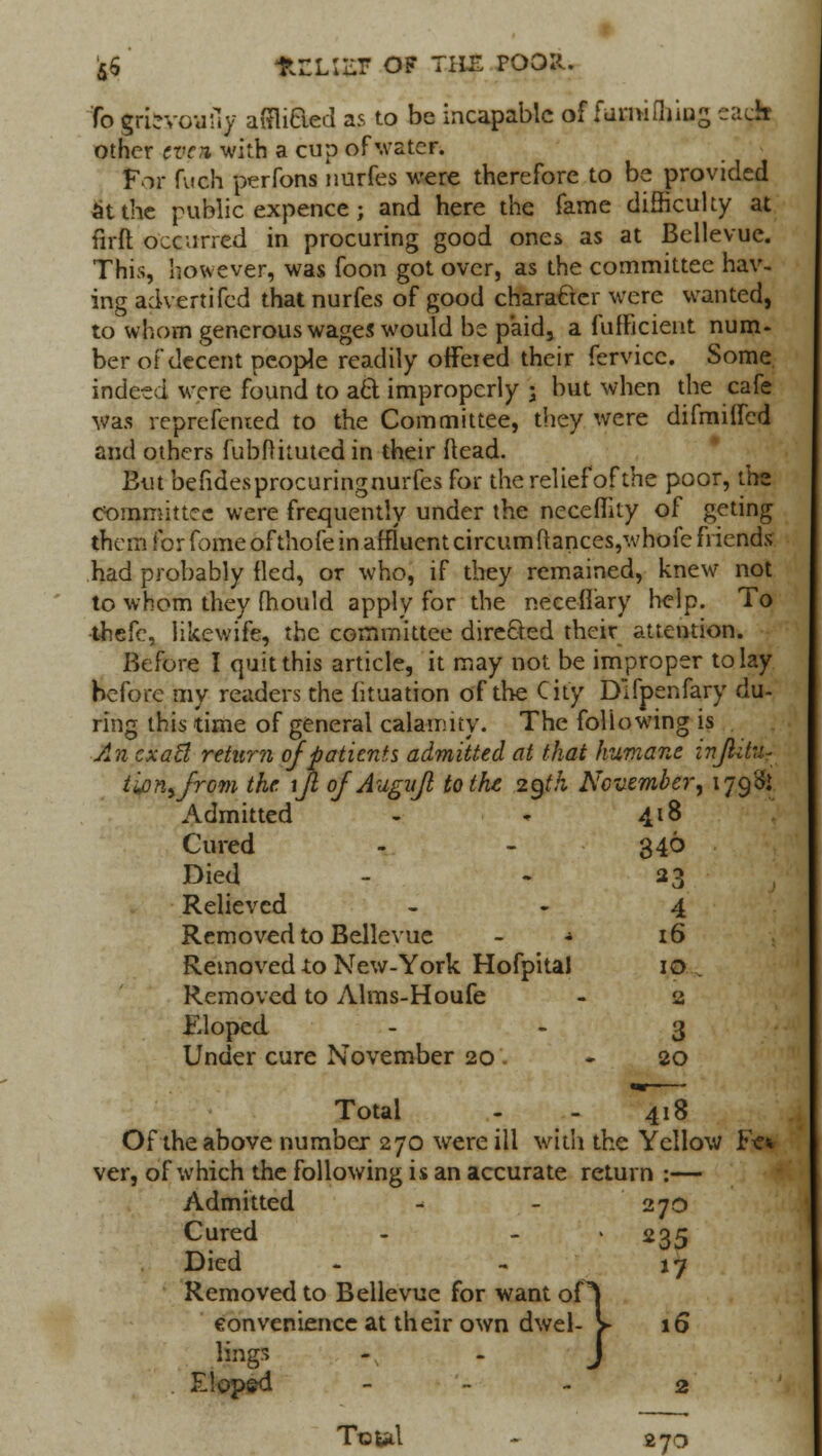 5$ ftCUBF OF TJ»f POOH. fogrievoufly afflicted as to be incapable of farmfliing eacfc other even with a cup of water. For fuch perfons nurfes were therefore to be provided at the public expence; and here the fame difficulty at firft occurred in procuring good ones as at Bellevue. This, however, was foon got over, as the committee hav- ing advertifed that nurfes of good character were wanted, to whom generous wages would be paid, a fufficient num- ber of decent people readily offered their fervicc. Some indeed were found to aft improperly j but when the cafe was reprefenicd to the Committee, they were difmiffed and others fubflkuted in their (lead. But befiaes procuring nurfes for the relief of the poor, tht committee were frequently under the neceffity of geting them for fome ofthofe in affluent circum ftances,whofe friends had probably fled, or who, if they remained, knew not to whom they fhould apply for the nece-flary help. To thefc, like wife, the committee directed their attention. Before I quit this article, it may not be improper to lay before my readers the fituation of the City Dlfpenfary du- ring this time of general calamity. The following is An cxaft return of patients admitted at that humane inJUtu? tion^from the \Jl ofAugujl to the 2gth November, 179& Admitted - * 418 Cured - - 346 Died - .23 Relieved 4 Removed to Bellevue - k 16 Removed to New-York Hofpital 10 Removed to Alms-Houfe - 2 Eloped 3 Under cure November 20 - 20 Total - - 418 Of the above number 270 were ill with the Yellow Fe* ver, of which the following is an accurate return :— Admitted - - 270 Cured - - « 235 Died Removed to Bellevue for want of convenience at their own dwel- *y 16 lings E!op&d } Total - 270