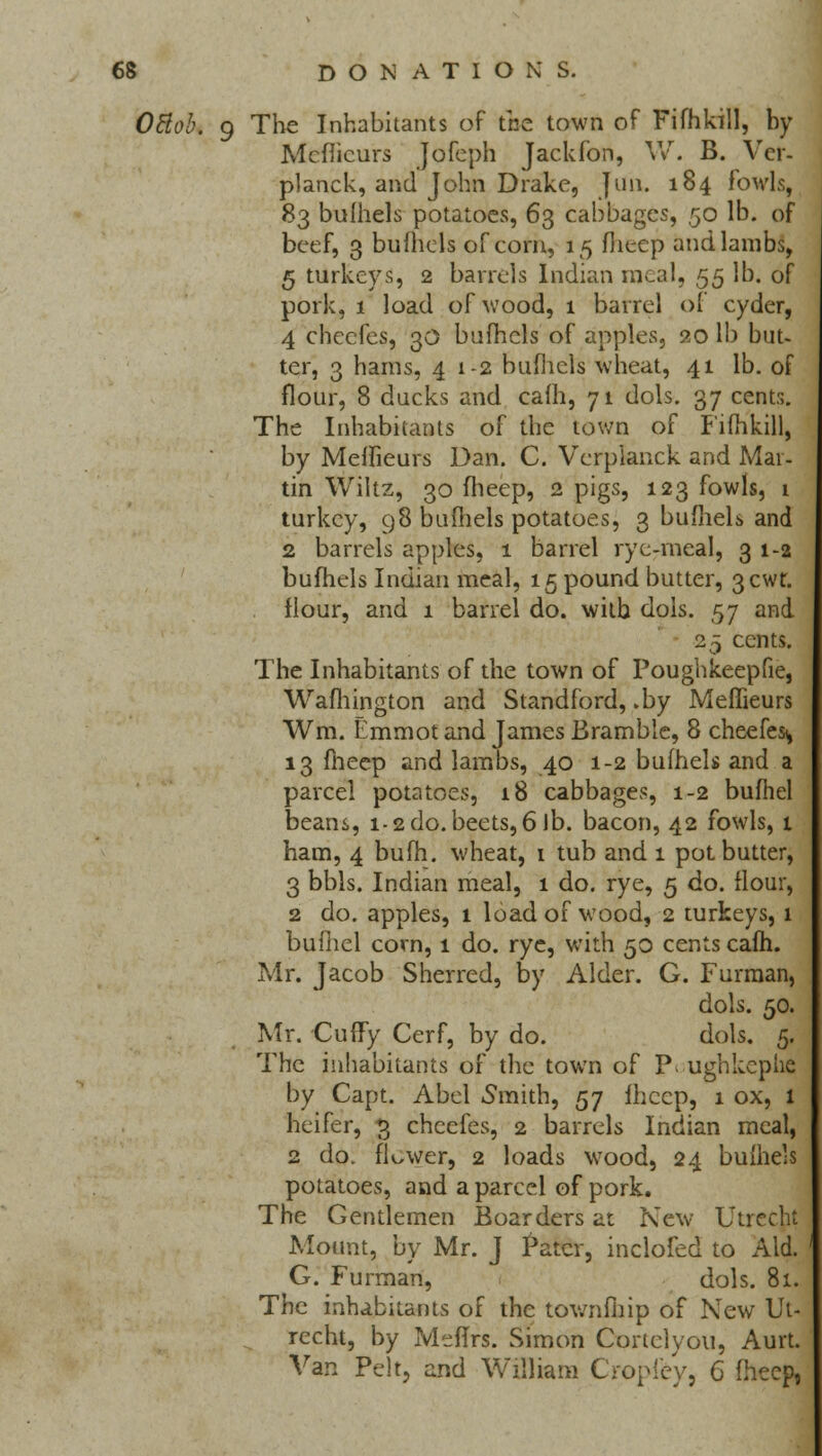 OFtoh. 9 The Inhabitants of the town of Fifhkill, by Mcflicurs Jofeph Jackfon, W. B. Ver- planck, and John Drake, Jim. 184 fowls, 83 bulhels potatoes, 63 cabbages, 50 lb. of beef, 3 bulhels of corn, 15 Iheep and lambs, 5 turkeys, 2 barrels Indian meal, 55 lb. of pork, 1 load of wood, 1 barrel of cyder, 4 checfes, 30 bufhcls of apples, 20 lb but- ter, 3 hams, 4 1-2 bulhels wheat, 41 lb. of flour, 8 ducks and calh, 71 dols. 37 cent:;. The Inhabitants of the town of Fifhkill, by Melfieurs Dan. C. Verpianck and Mar- tin Wiltz, 30 fheep, 2 pigs, 123 fowls, 1 turkey, 98 bulhels potatoes, 3 bufhels and 2 barrels apples, 1 barrel rye-meal, 31-2 bulhels Indian meal, 15 pound butter, 3cwt. flour, and 1 barrel do. with dols. 57 and 25 cents. The Inhabitants of the town of Poughkeepfie, Wafhington and Standford, .by Meffieurs Wm. Emmot and James Bramble, 8 cheefesi, 13 fheep and lambs, 40 1-2 bulhels and a parcel potatoes, 18 cabbages, 1-2 bulhel beam, 1-2 do. beets, 6 ib. bacon, 42 fowls, 1 ham, 4 bufh. wheat, 1 tub and 1 pot butter, 3 bbls. Indian meal, 1 do. rye, 5 do. flour, 2 do. apples, 1 load of wood, 2 turkeys, 1 buihel corn, 1 do. rye, with 50 cents calh. Mr. Jacob Sherred, by Alder. G. Furman, dols. 50. Mr. Cuffy Cerf, by do. dols. 5. The inhabitants of the town of P> ughkephe by Capt. Abel .Smith, 57 Ihccp, 1 ox, 1 heifer, 3 chcefes, 2 barrels Indian meal, 2 do. flower, 2 loads wood, 24 buihels potatoes, and a parcel of pork. The Gentlemen Boarders at New Utrecht Mount, by Mr. J Pater, inclofed to Aid. G. Furman, dols. 81. The inhabitants of the townfiiip of New Ut- recht, by MefTrs. Simon Cortelyou, Aurt. Van Pelt, and William Cropiey, G fheep,