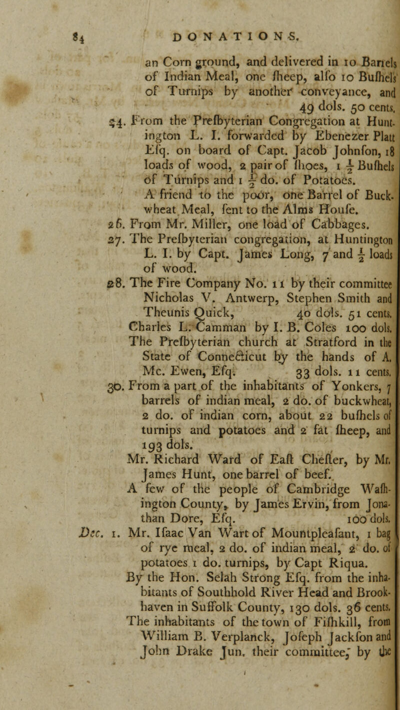 an Corn ground, and delivered in 10 Bands of Indian Meal, one fheep, alio 10 Bufhels of Turnips by another conveyance, and 49 dols. 50 cents. $4. From the Prefbyterian Congregation at Hunt- ington L. I. forwarded by Ebenezer Piatt Efq. on board of Capt. Jacob Johnfon, 18 loads of wood, 2 pair of fhoes, i \ Bufhels of Turnips and 1 % do. of Potatoes. A friend to the poor, one Barrel of Buck- wheat Meal, fent to the Alms Houfe. 26. From Mr. Miller, one load of Cabbages. 27. The Prefbyterian congregation, at Huntington L. I. by Capt. James Long, 7'and -§■ loads of wood. e8. The Fire Company No. 11 by their committee Nicholas V. Antwerp, Stephen Smith and Theunis Quick, 40 dols. 51 cents. Charles L. Camman by I. B. Coles 100 dols. The Prefbyterian church at Stratford in the State of Connecticut by the hands of A. Mc. Ewen, Efq. 33 dols. 11 cents. 30. From a part of the inhabitants of Yonkers, 7 barrels of indian meal, 2 do. of buckwheat, 2 do. of indian corn, about 22 bufhels of turnips and potatoes and 2 fat fheep, and 193 dols. Mr. Richard Ward of Eaft Chefter, by Mr. James Hunt, one barrel of beef. A few of the people of Cambridge Walh- ington County* by James Ervin, from Jona- than Dore, Efq. 100 dols. Dec. 1. Mr. Ifaac Van Wart of Mountpleafant, 1 bag of rye meal, 2 do. of indian meal, 2 do. of potatoes 1 do. turnips, by Capt Riqua. By the Hon. Selah Strong Efq. from the inha- bitants of Southhold River Head and Brook- haven in Suffolk County, 130 dols. 36 cents. The inhabitants of the town of Fifhkill, from William B. Verplanck, Jofeph Jackfon and John Drake Jun. their committee, by the