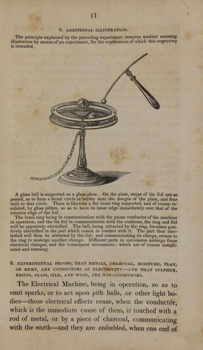 I! 8. ADDITIONAL ILLUSTRATION. The principle explained by the preceding experiment receives another amusing illustration by means of an experiment, for the explanation of which this engraving is intended. A glass ball is supported on a glass plate. On the plate, strips of tin foil are so pasted, as to form a broad circle or border near the margin of the plate, and four radii to that circle. There is likewise a flat brass ring supported, and of course in- sulated, by glass pillars, so as to have its inner edge immediately over that of the exterior edge of the foil. The brass ring being in communication with the prime conductor of the machine in operation, and the tin foil in communication with the cushions, the ring and foil will be oppositely electrified. The ball, being attracted by the ring, becomes posi- tively electrified in the part which comes in contact with it. The part thus elec- trified will then be attracted by the foil; and communicating its charge, return to the ring to undergo another change. Different parts in succession undergo these electrical changes, and the consequent movements; which are of course compli- cated and amusing. 9. EXPERIMENTAL PROOFS, THAT METALS, CHARCOAL, MOISTURE, FLAX, OR HEMP, ARE CONDUCTORS OF ELECTRICITY AND THAT SULPHUR, RESINS, GLASS, SILK, AND WOOL, ARE NON-CONDUCTORS. The Electrical Machine, being in operation, so as to emit sparks, or to act upon pith balls, or other light bo- dies—those electrical effects cease, when the conductor, which is the immediate cause of them, is touched with a rod of metal, or by a piece of charcoal, communicating with the earth—and they are enfeebled, when one end of