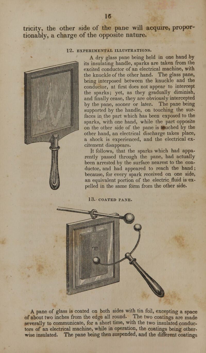 tricity, the other side of the pane will acquire, propor- tionally, a charge of the opposite nature. 12. EXPERIMENTAL ILLUSTRATIONS. A dry glass pane being held in one hand by its insulating handle, sparks are taken from the excited conductor of an electrical machine, with the knuckle of the other hand. The glass pane, being interposed between the knuckle and the conductor, at first does not appear to intercept the sparks; yet, as they gradually diminish, and finally cease, they are obviously intercepted by the pane, sooner or later. The pane being supported by the handle, on touching the sur- faces in the part which has been exposed to the sparks, with one hand, while the part opposite on the other side of the pane is l»uched by the other hand, an electrical discharge takes place, a shock is experienced, and the electrical ex- citement disappears. It follows, that the sparks which had appa- rently passed through the pane, had actually been arrested by the surface nearest to the con- ductor, and had appeared to reach the hand; because, for every spark received on one side, an equivalent portion of the electric fluid is ex- pelled in the same form from the other side. 13.- COATED PANE. A pane of glass is coated on both sides with tin foil, excepting a space of about two inches from the edge all round. The two coatings are made severally to communicate, for a short time, with the two insulated conduc- tors of an electrical machine, while in operation, the coatings being other- wise insulated. The pane being then suspended, and the different coatings