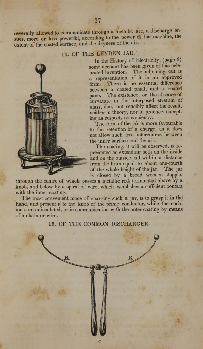 severally allowed to communicate through a metallic arc, a discharge en- sues, more or less powerful, according to the power of the machine, the extent of the coated surface, and the dryness of the air. 14. OF THE LEYDEN JAR. In the History of Electricity, (page 3) some account has been given of this cele- brated invention. The adjoining cut is a representation of it in an approved form. There is no essential difference between a coated phial, and a coated pane. The existence, or the absence of curvature in the interposed stratum of glass, does not sensibly affect the result, neither in theory, nor in practice, except- ing as respects conveniency. The form of the jar is more favourable to the retention of a charge, as it does not allow such free intercourse, between the inner surface and the air. The coating, it will be observed, is re- presented as extending both on the inside and on the outside, till within a distance from the brim equal to about one-fourth of the whole height of the jar. The jar is closed by a broad wooden stopple, through the centre of which passes a metallic rod, terminated above by a knob, and below by a spiral of wire, which establishes a sufficient contact with the inner coating. The most convenient mode of charging such a jar, is to grasp it in the hand, and present it to the knob of the prime conductor, while the cush- ions are uninsulated, or in communication with the outer coating by means of a chain or wire. 15. OF THE COMMON DISCHARGER.