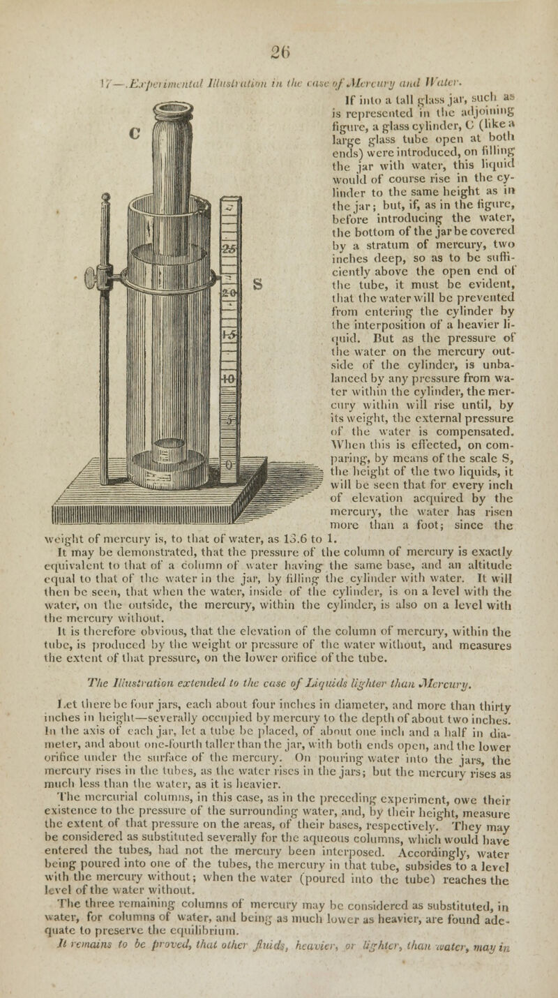 2(> '/ — .Experimental Illustration in tlie case of Mercury and Water. If into a tall glass jar, such U is represented in tlic adjoining figure, a glass cylinder, G (like a large glass tube open at both ends) were introduced, on filling the jar with water, this liquid wouid of course rise in the cy- linder to the same height as in the jar; but, if, as in the figure, before introducing the water, the bottom of the jar be covered by a stratum of mercury, two inches deep, so as to be suffi- ciently above the open end of the tube, it must be evident, that the water will be prevented from entering the cylinder by the interposition of a heavier li- quid. But as the pressure of the water on the mercury out- side of the cylinder, is unba- lanced by any pressure from wa- ter within the cylinder, the mer- cury within will rise until, by its weight, the external pressure of the water is compensated. When this is effected, on com- paring, by means of the scale S, the height of the two liquids, it will be seen that for every inch of elevation acquired by the mercury, the water has risen more than a foot; since the weight of mercury is, to that of water, as 13.6 to 1. It may be demonstrated, that the pressure of the column of mercury is exactly equivalent to that of a column of water having the same base, and an altitude equal to that of the water in the jar, by filling the cylinder with water. It will then be seen, that when the water, inside of the cylinder, is on a level with the water, on the outside, the mercury, within the cylinder, is also on a level with the mercury without. It is therefore obvious, that the elevation of the column of mercury, within the tube, is produced by the weight or pressure of the water without, and measures the extent of that pressure, on the lower orifice of the tube. The Illustration extended to the ease of Liquids lighter than JMcrcury. Let there be four jars, each about four inches in diameter, and more than thirty inches in height—severally occupied by mercury to the depth of about two inches. In the axis of each jar, let a tube be placed, of about one inch and a half in dia- meter, and about one-fourth taller than the jar, with both ends open, and the lower orifice under the surface of the mercury. On pouring water into the jars, the mercury rises in the lubes, as the water rises in the jars; but the mercury rises as much less than the water, as it is heavier. The mercurial columns, in this case, as in the preceding experiment, owe their existence to the pressure of the surrounding water, and, by their height, measure the extent of that pressure on the areas, of their bases, respectively. They may be considered as substituted severally for the aqueous columns, which would have entered the tubes, had not the mercury been interposed. Accordingly, water being poured into one of the tubes, the mercury in that tube, subsides to a level with the mercury without; when the water (poured into the tube) reaches the level of the water without. The three remaining columns of mercury may be considered as substituted, in water, for columns of water, and being as much lower as heavier, are found ade- quate to preserve the equilibrium. It remains to be proved, that other fluid:, heavier, or lighter, than water, tnu>- >