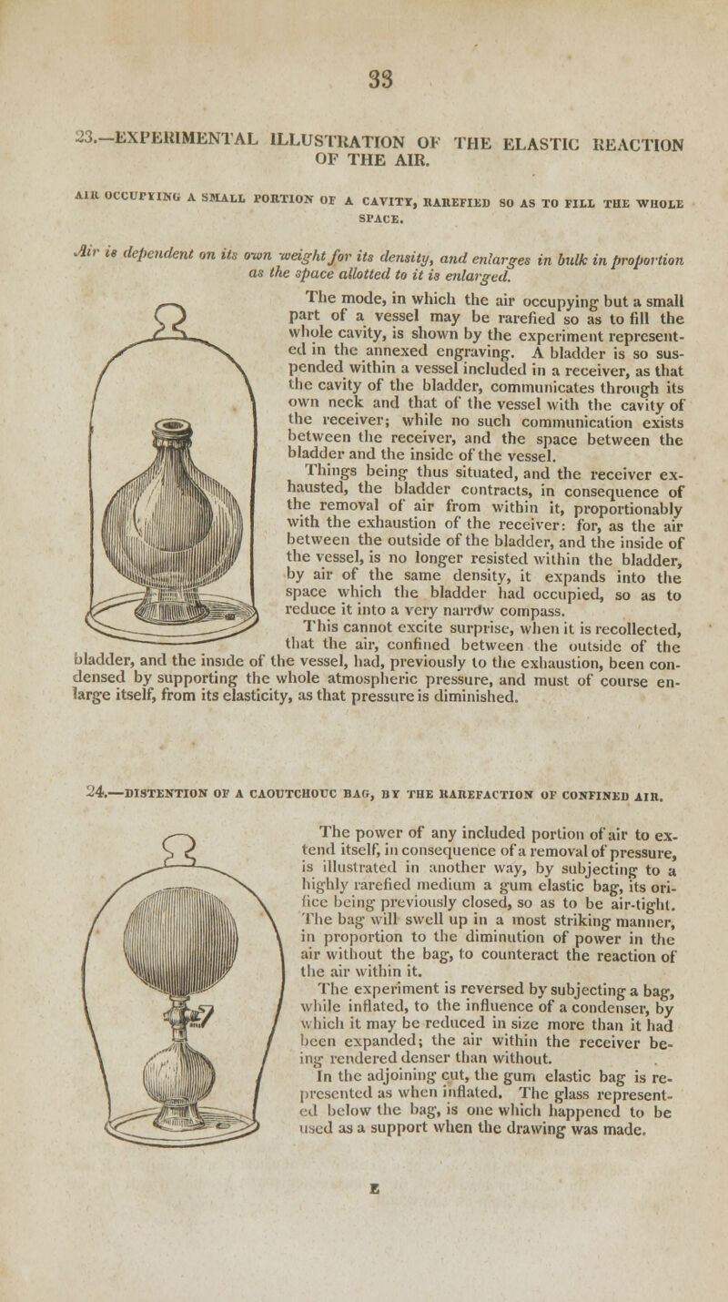 -^.-EXPERIMENTAL ILLUSTRATION OP THE ELASTIC REACTION OF THE AIR. AIR OCCUPYING A small portion of a cavity, rarefied so as to fill the whole SPACE. Mr is dependent on its own weight for its density, and enlarges in bulk in proportion as the space allotted to it is enlarged. The mode, in which the air occupying but a small part of a vessel may be rarefied so as to fill the whole cavity, is shown by the experiment represent- ed m the annexed engraving. A bladder is so sus- pended within a vessel included in a receiver, as that the cavity of the bladder, communicates through its own neck and that of the vessel with the cavity of the receiver; while no such communication exists between the receiver, and the space between the bladder and the inside of the vessel. Things being thus situated, and the receiver ex- hausted, the bladder contracts, in consequence of the removal of air from within it, proportionably with the exhaustion of the receiver: for, as the air between the outside of the bladder, and the inside of the vessel, is no longer resisted within the bladder, by air of the same density, it expands into the space which the bladder had occupied, so as to reduce it into a very narrdw compass. This cannot excite surprise, when it is recollected, that the air, confined between the outside of the bladder, and the inside of the vessel, had, previously to the exhaustion, been con- densed by supporting the whole atmospheric pressure, and must of course en- large itself, from its elasticity, as that pressure is diminished. 24.—DISTENTION OF A CAOUTCHOUC BAG, BY THE RAREFACTION OF CONFINED AIR. The power of any included portion of air to ex- tend itself, in consequence of a removal of pressure, is illustrated in another way, by subjecting to a highly rarefied medium a gum elastic bag, its ori- fice being previously closed, so as to be air-tighl. The bag will swell up in a most striking manner, in proportion to the diminution of power in the air without the bag, to counteract the reaction of the air within it. The experiment is reversed by subjecting a bag, while inflated, to the influence of a condenser, by Which it may be reduced in size more than it had been expanded; the air within the receiver be- ing rendered denser than without. In the adjoining cut, the gum elastic bag is re- presented as when inflated. The glass represent- ed below the bag, is one which happened to be used as a support when the drawing was made.