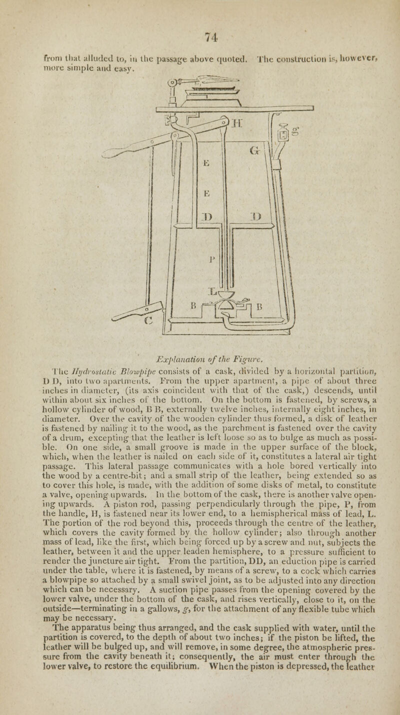 from that alluded to, in the passage above quoted. The construction is, however, more simple and easy. Explanation of the Figure. I he Hydrostatic Blowpipe consists of a cask, divided by a horizontal partition, 1) ]), into two apartments. From the upper apartment, a pipe of about three inches in diameter, (its axis coincident with that of the cask,) descends, until within about six inches of the bottom. On the bottom is fastened, by screws, a hollow cylinder of wood, B I?, externally twelve inches, internally eight inches, in diameter. Over the cavity of the wooden cylinder thus formed, a disk of leather is fastened by nailing' it to the wood, as the parchment is fastened over the cavity of a drum, excepting' that the leather is left loose so as to bulge as much as possi- ble. On one side, a small groove is made in the upper surface of the block, which, when the leather is nailed on each side of it, constitutes a lateral air tight passage. This lateral passage communicates with a hole bored vertically into the wood by a centre-bit; and a small strip of the leather, being extended so as to cover this hole, is made, with the addition of some disks of metal, to constitute a valve, opening upwards. In the bottom of the cask, there is another valve open- ing upwards. A piston rod, passing perpendicularly through the pipe, P, from the handle, H, is fastened near its lower end, to a hemispherical mass of lead, L. The portion of the rod beyond this, proceeds through the centre of the leather, which covers the cavity formed by the hollow cylinder; also through another mass of lead, like the first, which being forced up by a screw and nut, subjects the leather, between it and the upper leaden hemisphere, to a pressure sufficient to render the juncture air tight. From the partition, DD, an eduction pipe is carried under the table, where it is fastened, by means of a screw, to a cock which carries a blowpipe so attached by a small swivel joint, as to be adjusted into any direction which can be necessary. A suction pipe passes from the opening covered by the lower valve, under the bottom of the cask, and rises vertically, close to it, on the outside—terminating in a gallows, g, for the attachment of any flexible tube which may be necessary. The apparatus being thus arranged, and the cask supplied with water, until the partition is covered, to the depth of about two inches; if the piston be lifted, the leather will be bulged up, and will remove, in some degree, the atmospheric pres- sure from the cavity beneath it; consequently, the air must enter through the lower valve, to restore the equilibrium. When the piston is depressed, the leather
