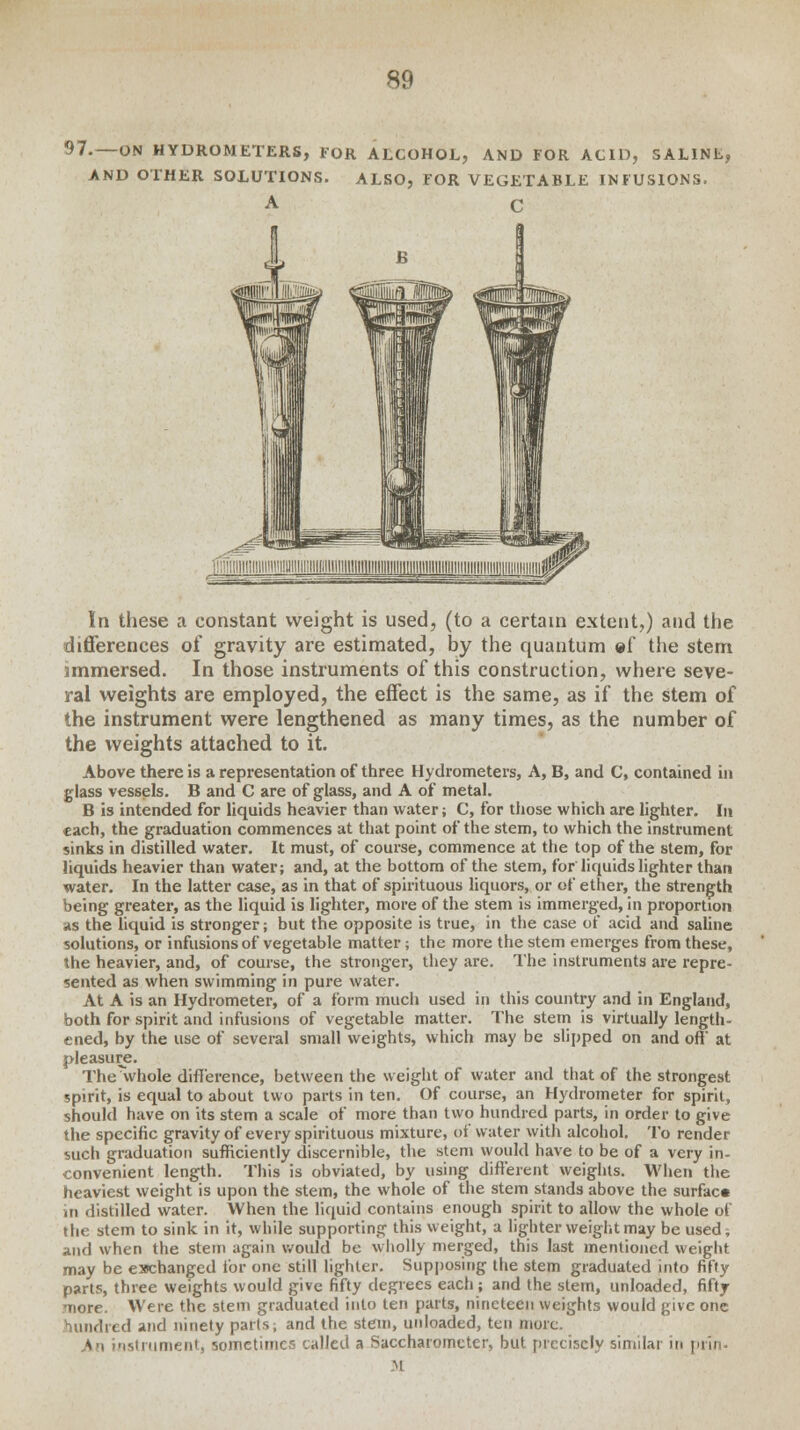 97.—ON HYDROMETERS, FOR ALCOHOL, AND FOR ACID, SALINE, AND OTHER SOLUTIONS. ALSO, FOR VEGETABLE INFUSIONS. A C In these a constant weight is used, (to a certain extent,) and the differences of gravity are estimated, by the quantum ©f tiie stem immersed. In those instruments of this construction, where seve- ral weights are employed, the effect is the same, as if the stem of the instrument were lengthened as many times, as the number of the weights attached to it. Above there is a representation of three Hydrometers, A, B, and C, contained in glass vessels. B and C are of glass, and A of metal. B is intended for liquids heavier than water; C, for those which are lighter. In each, the graduation commences at that point of the stem, to which the instrument sinks in distilled water. It must, of course, commence at the top of the stem, for liquids heavier than water; and, at the bottom of the stem, for liquids lighter than water. In the latter case, as in that of spirituous liquors, or of ether, the strength being greater, as the liquid is lighter, more of the stem is immerged, in proportion as the liquid is stronger; but the opposite is true, in the case of acid and saline solutions, or infusions of vegetable matter; the more the stem emerges from these, the heavier, and, of course, the stronger, they are. The instruments are repre- sented as when swimming in pure water. At A is an Hydrometer, of a form much used in this country and in England, both for spirit and infusions of vegetable matter. The stem is virtually length- ened, by the use of several small weights, which may be slipped on and off' at pleasure. The Avhole difference, between the weight of water and that of the strongest spirit, is equal to about two parts in ten. Of course, an Hydrometer for spirit, should have on its stem a scale of more than two hundred parts, in order to give the specific gravity of every spirituous mixture, oi water with alcohol. To render such graduation sufficiently discernible, the stem would have to be of a very in- convenient length. This is obviated, by using different weights. When the heaviest weight is upon the stem, the whole of the stem stands above the surfac* in distilled water. When the liquid contains enough spirit to allow the whole of the stem to sink in it, while supporting this weight, a lighter weight may be used; and when the stem again would be wholly merged, this last mentioned weight may be exchanged for one still lighter. Supposing the stem graduated into fifty parts, three weights would give fifty degrees each; and the stem, unloaded, fifty- more. Were the stem graduated into ten parts, nineteen weights would give one hundred and ninety parts, and the stem, unloaded, ten more. strument, sometimes called a Saccharomctcr, but precisely similar in prin- M