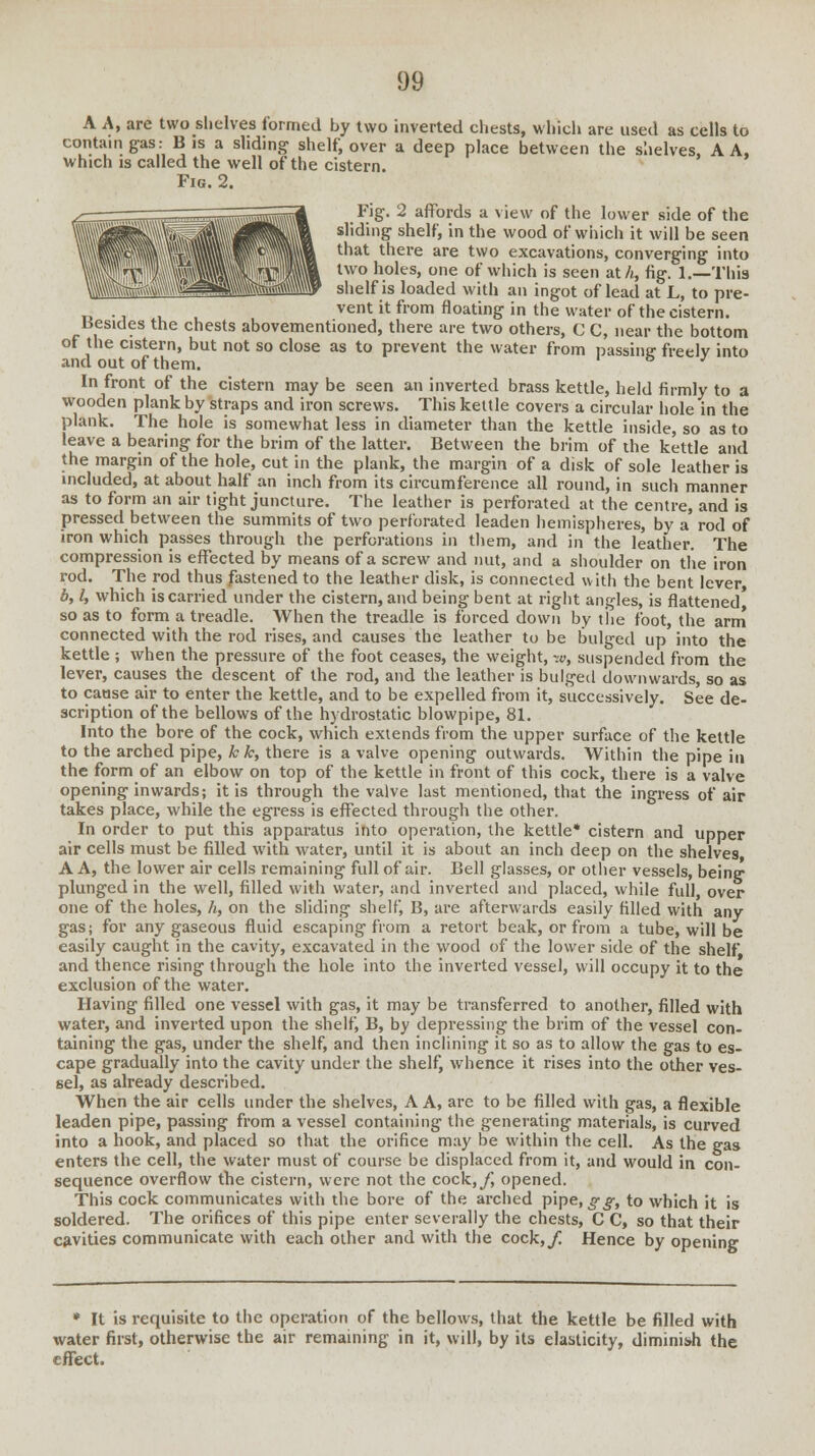 A A, are two shelves formed by two inverted chests, which are used as cells to contain gas: B is a sliding shelf, over a deep place between the shelves, A A, which is called the well of the cistern. Fig. 2. ^r^—^^^n^^^^muTsaffiMi FiS- 2 affords a view of the lower side of the ISfilk \„ ,<A 4pkJ| s,ldl»g shelf, 'i the wood of which it will be seen 111: ' ''Wk that there are two excavations, converging into IH'rV 'WWk iwo holes, one of which is seen at A, fig. 1.—This \fMfe^\^ shelf is loaded with an ingot of lead at L, to pre- vent it from floating in the water of the cistern. Besides the chests abovementioned, there are two others, C C, near the bottom of the cistern, but not so close as to prevent the water from passing freelv into and out of them. b J In front of the cistern may be seen an inverted brass kettle, held firmly to a wooden plank by straps and iron screws. This kettle covers a circular hole in the plank. The hole is somewhat less in diameter than the kettle inside, so as to leave a bearing for the brim of the latter. Between the brim of the kettle and the margin of the hole, cut in the plank, the margin of a disk of sole leather is included, at about half an inch from its circumference all round, in such manner as to form an air tight juncture. The leather is perforated at the centre, and is pressed between the summits of two perforated leaden hemispheres, by a rod of iron which passes through the perforations in them, and in the leather. The compression is effected by means of a screw and nut, and a shoulder on tlie iron rod. The rod thus fastened to the leather disk, is connected with the bent lever b, I, which is carried under the cistern, and being bent at right angles, is flattened' so as to form a treadle. When the treadle is forced down by the foot, the arm connected with the rod rises, and causes the leather to be bulged up into the kettle ; when the pressure of the foot ceases, the weight, v>, suspended from the lever, causes the descent of the rod, and the leather is bulged downwards, so as to cause air to enter the kettle, and to be expelled from it, successively. See de- scription of the bellows of the hydrostatic blowpipe, 81. Into the bore of the cock, which extends from the upper surface of the kettle to the arched pipe, k k, there is a valve opening outwards. Within the pipe in the form of an elbow on top of the kettle in front of this cock, there is a valve opening inwards; it is through the valve last mentioned, that the ingress of air takes place, while the egress is effected through the other. In order to put this apparatus into operation, the kettle* cistern and upper air cells must be filled with water, until it is about an inch deep on the shelves A A, the lower air cells remaining full of air. Bell glasses, or other vessels, being plunged in the well, filled with water, and inverted and placed, while full, over one of the holes, h, on the sliding shelf, B, are afterwards easily filled with any gas; for any gaseous fluid escaping from a retort beak, or from a tube, will be easily caught in the cavity, excavated in the wood of the lower side of the shelf and thence rising through the hole into the inverted vessel, will occupy it to the exclusion of the water. Having filled one vessel with gas, it may be transferred to another, filled with water, and inverted upon the shelf, B, by depressing the brim of the vessel con- taining the gas, under the shelf, and then inclining it so as to allow the gas to es- cape gradually into the cavity under the shelf, whence it rises into the other ves- sel, as already described. When the air cells under the shelves, A A, are to be filled with gas, a flexible leaden pipe, passing from a vessel containing the generating materials, is curved into a hook, and placed so that the orifice may be within the cell. As the gas enters the cell, the water must of course be displaced from it, and would in con- sequence overflow the cistern, were not the cock,/, opened. This cock communicates with the bore of the arched pipe, gg, to which it is soldered. The orifices of this pipe enter severally the chests, C C, so that their cavities communicate with each other and with the cock,/ Hence by opening * It is requisite to the operation of the bellows, that the kettle be filled with water first, otherwise the air remaining in it, will, by its elasticity, diminish the effect.