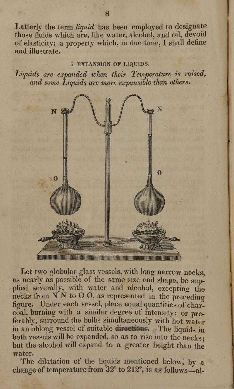 Latterly the term liquid has been employed to designate those fluids which are, like water, alcohol, and oil, devoid of elasticity; a property which, in due time, I shall define and illustrate. 5. EXPANSION OF LIQUIDS. Liquids are expanded when their Temperature is raised, and some Liquids are more expansible than others* Let two globular glass vessels, with long narrow necks, as nearly as possible of the same size and shape, be sup- plied severally, with water and alcohol, excepting the necks from N N to O O, as represented in the preceding figure. Under each vessel, place equal quantities of ch&r- coal, burning with a similar degree of intensity: or pre- ferably, surround the bulbs simultaneously with hot water in an oblong vessel of suitable difeetions. The liquids in both vessels will be expanded, so as to rise into the necks; but the alcohol will expand to a greater height than the water. The dilatation of the liquids mentioned below, by a change of temperature from 32° to 212°, is as follows—al-