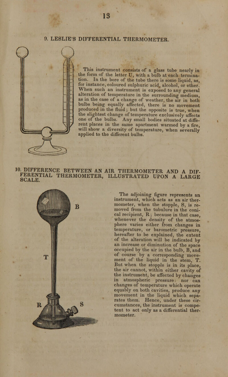 9. LESLIE'S DIFFERENTIAL THERMOMETER. This instrument consists of a glass tube nearly in the form of the letter U, with a bulb at each termina- tion. In the bore of the tube there is some liquid, as, for instance, coloured sulphuric acidj alcohol, or ether. When such an instrument is exposed to any general alteration of temperature in the surrounding medium, as in the case of a change of weather, the air in both bulbs being equally affected, there is no movement produced in the fluid; but the opposite is true, when the slightest change of temperature exclusively affects one of the bulbs. Any small bodies situated at diffe- rent places in the same apartment warmed by a fire, will show a diversity of temperature, when severally applied to the different bulbs. 10 DIFFERENCE BETWEEN AN AIR THERMOMETER AND A DIF- FERENTIAL THERMOMETER, ILLUSTRATED UPON A LARGE SCALE. The adjoining figure represents an instrument, which acts as an air ther- mometer, when the stopple, S, is re- moved from the tubulure in the coni- cal recipient, R; because in that case, whenever the density of the atmos- phere varies either from changes in temperature, or barometric pressure, hereafter to be explained, the extent of the alteration will be indicated by an increase or diminution of the space occupied by the air in the bulb, B, and of course by a corresponding move- ment of the liquid in the stem, T. But when the stopple is in its place, the air cannot, within either cavity of the instrument, be affected by changes in atmospheric pressure: nor can changes of temperature which operate equably on both cavities, produce any movement in the liquid which sepa- rates them. Hence, under these cir- cumstances, the instrument is compe- tent to act only as a differential ther- mometer.