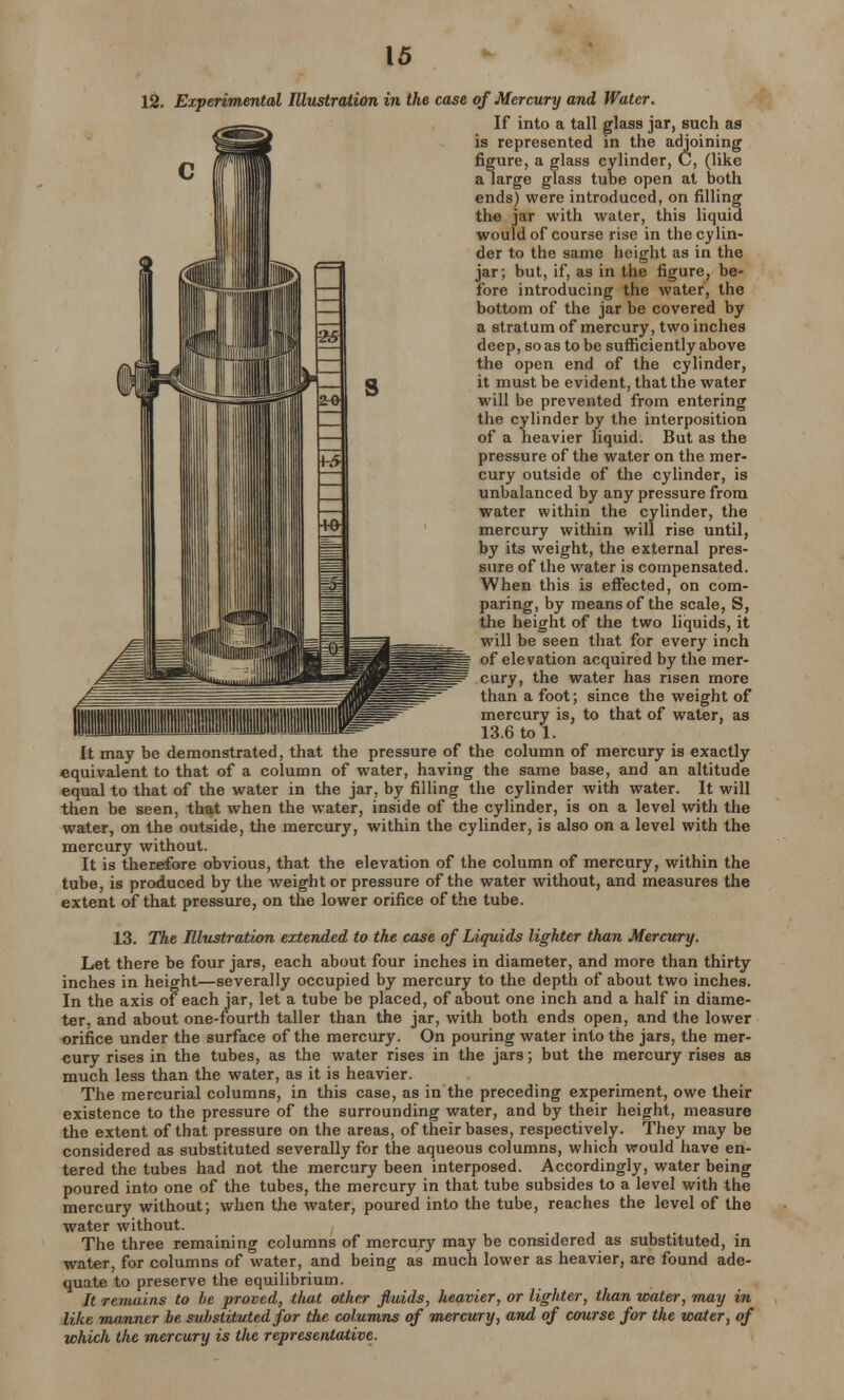 12. Experimental Illustration in the case of Mercury and Water. If into a tall glass jar, such as is represented in the adjoining figure, a glass cylinder, C, (like a large glass tube open at both ends) were introduced, on filling the jar with water, this liquid would of course rise in the cylin- der to the same height as in the jar; but, if, as in the figure, be- fore introducing the water, the bottom of the jar be covered by a stratum of mercury, two inches deep, so as to be sufficiently above the open end of the cylinder, it must be evident, that the water will be prevented from entering the cylinder by the interposition of a heavier liquid. But as the pressure of the water on the mer- cury outside of the cylinder, is unbalanced by any pressure from water within the cylinder, the mercury within will rise until, by its weight, the external pres- sure of the water is compensated. When this is effected, on com- paring, by means of the scale, S, the height of the two liquids, it will be seen that for every inch of elevation acquired by the mer- cury, the water has risen more than a foot; since the weight of mercury is, to that of water, as 13.6 to 1. It may be demonstrated, that the pressure of the column of mercury is exactly equivalent to that of a column of water, having the same base, and an altitude equal to that of the water in the jar, by filling the cylinder with water. It will then be seen, that when the water, inside of the cylinder, is on a level with the water, on the outside, the mercury, within the cylinder, is also on a level with the mercury without. It is therefore obvious, that the elevation of the column of mercury, within the tube, is produced by the weight or pressure of the water without, and measures the extent of that pressure, on the lower orifice of the tube. 13. The Illustration extended to the case of Liquids lighter than Mercury. Let there be four jars, each about four inches in diameter, and more than thirty inches in height—severally occupied by mercury to the depth of about two inches. In the axis of each jar, let a tube be placed, of about one inch and a half in diame- ter, and about one-fourth taller than the jar, with both ends open, and the lower orifice under the surface of the mercury. On pouring water into the jars, the mer- cury rises in the tubes, as the water rises in the jars; but the mercury rises as much less than the water, as it is heavier. The mercurial columns, in this case, as in the preceding experiment, owe their existence to the pressure of the surrounding water, and by their height, measure the extent of that pressure on the areas, of their bases, respectively. They may be considered as substituted severally for the aqueous columns, which would have en- tered the tubes had not the mercury been interposed. Accordingly, water being poured into one of the tubes, the mercury in that tube subsides to a level with the mercury without; when the water, poured into the tube, reaches the level of the water without. The three remaining columns of mercury may be considered as substituted, in water, for columns of water, and being as much lower as heavier, are found ade- quate to preserve the equilibrium. It remiiins to be proved, that other fluids, heavier, or lighter, than water, may in like manner be substituted for the columns of mercury, and of course for the water, of which the mercury is the representative.